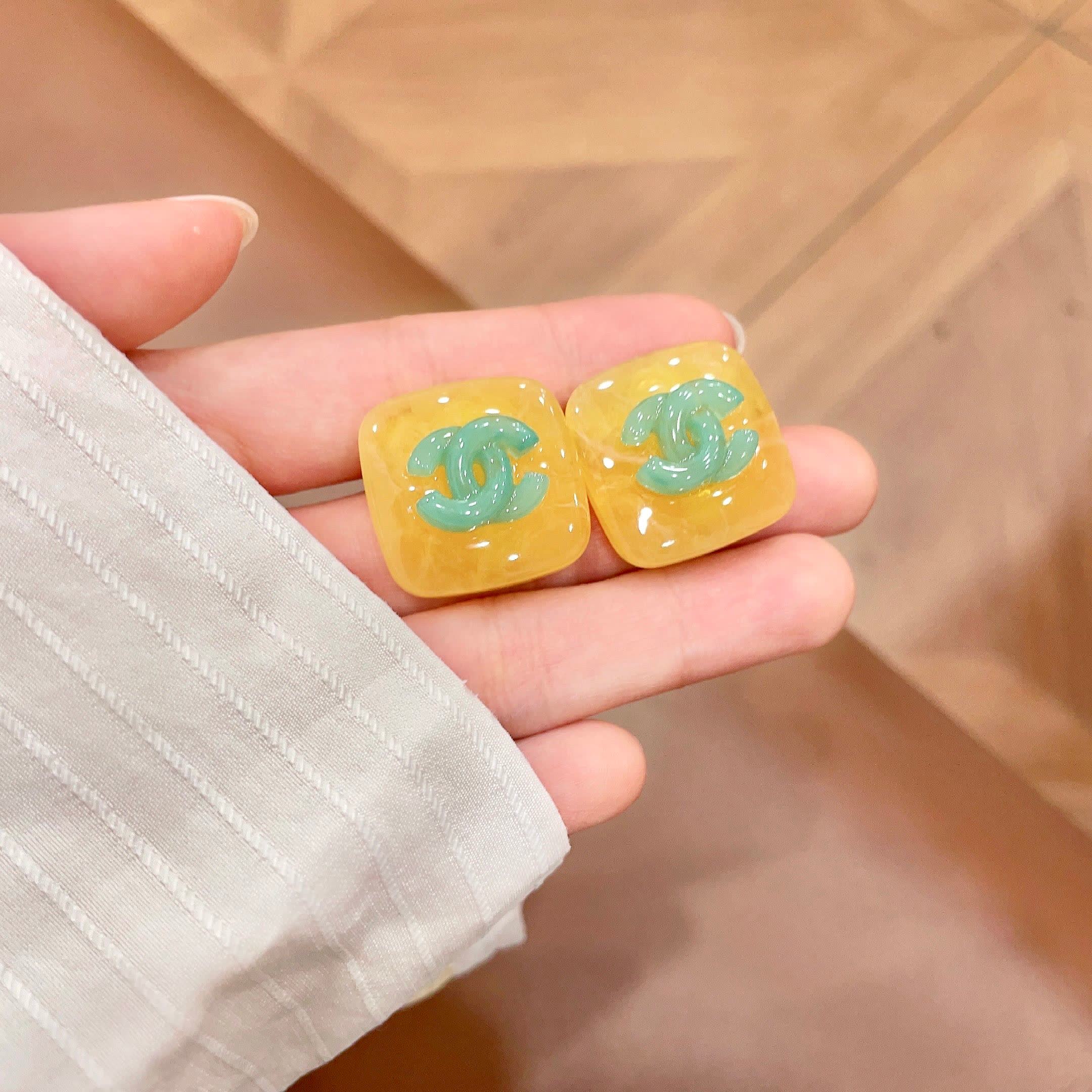 Chanel Yellow and Green Logo Stud Earrings