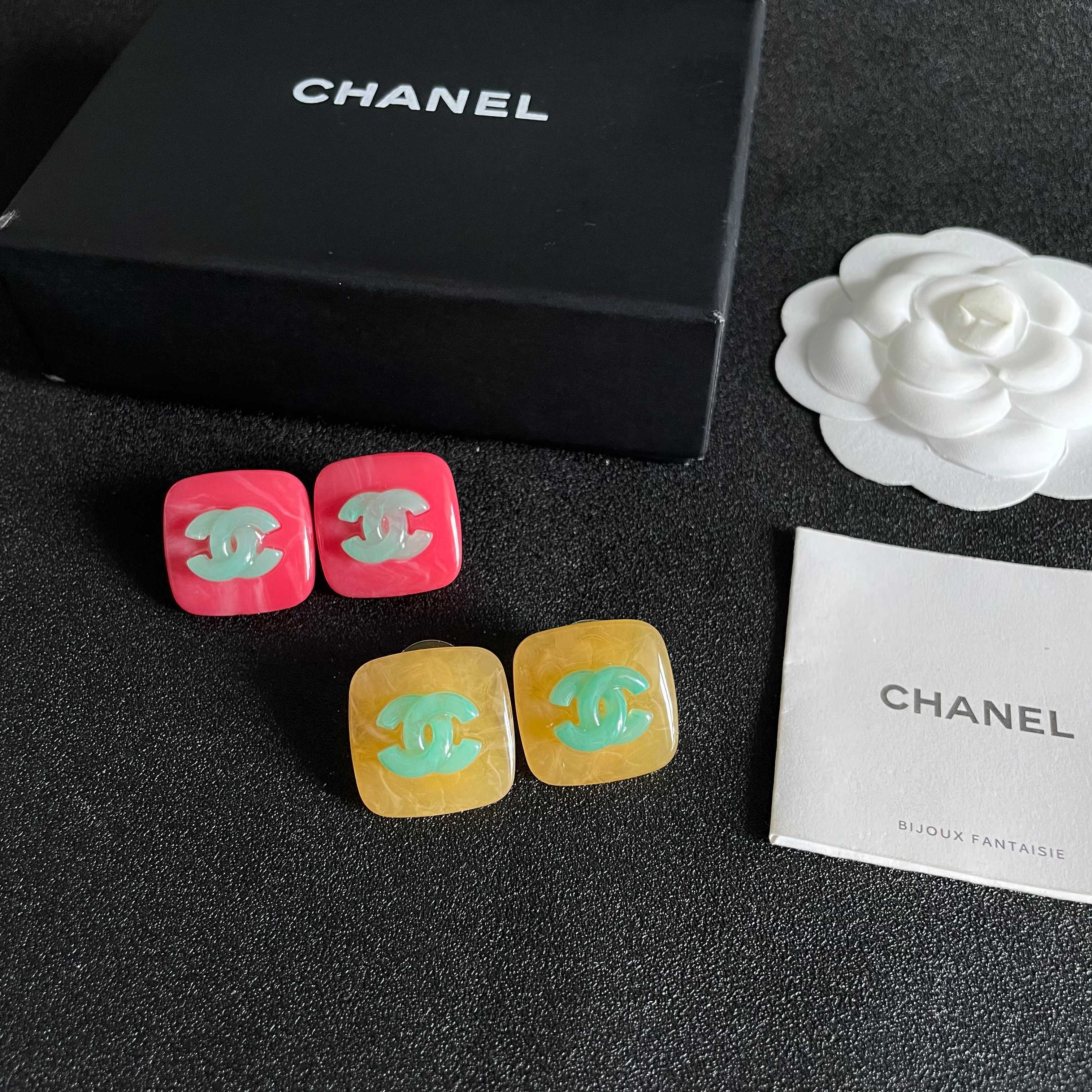 Chanel Yellow and Green Logo Stud Earrings