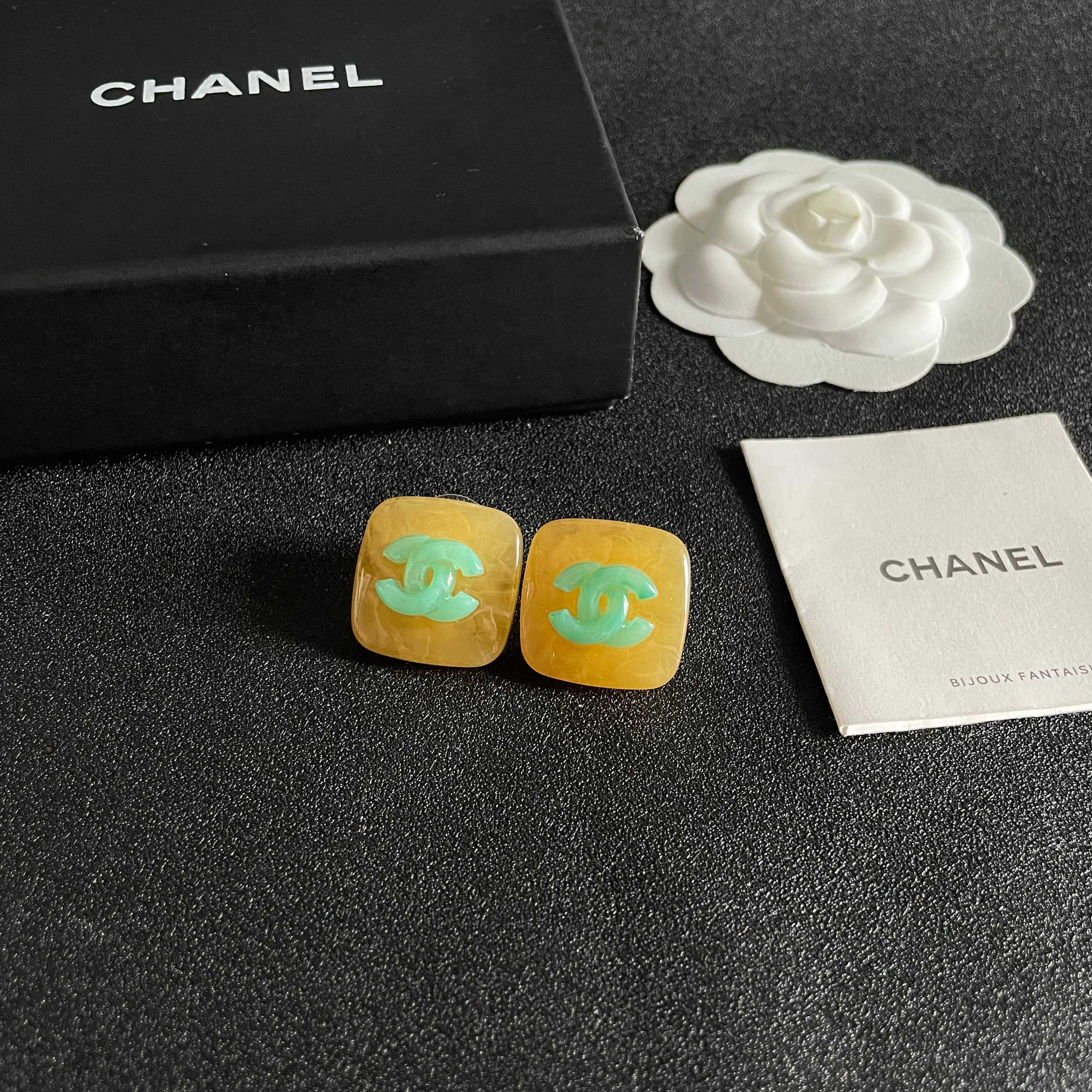 Chanel Yellow and Green Logo Stud Earrings