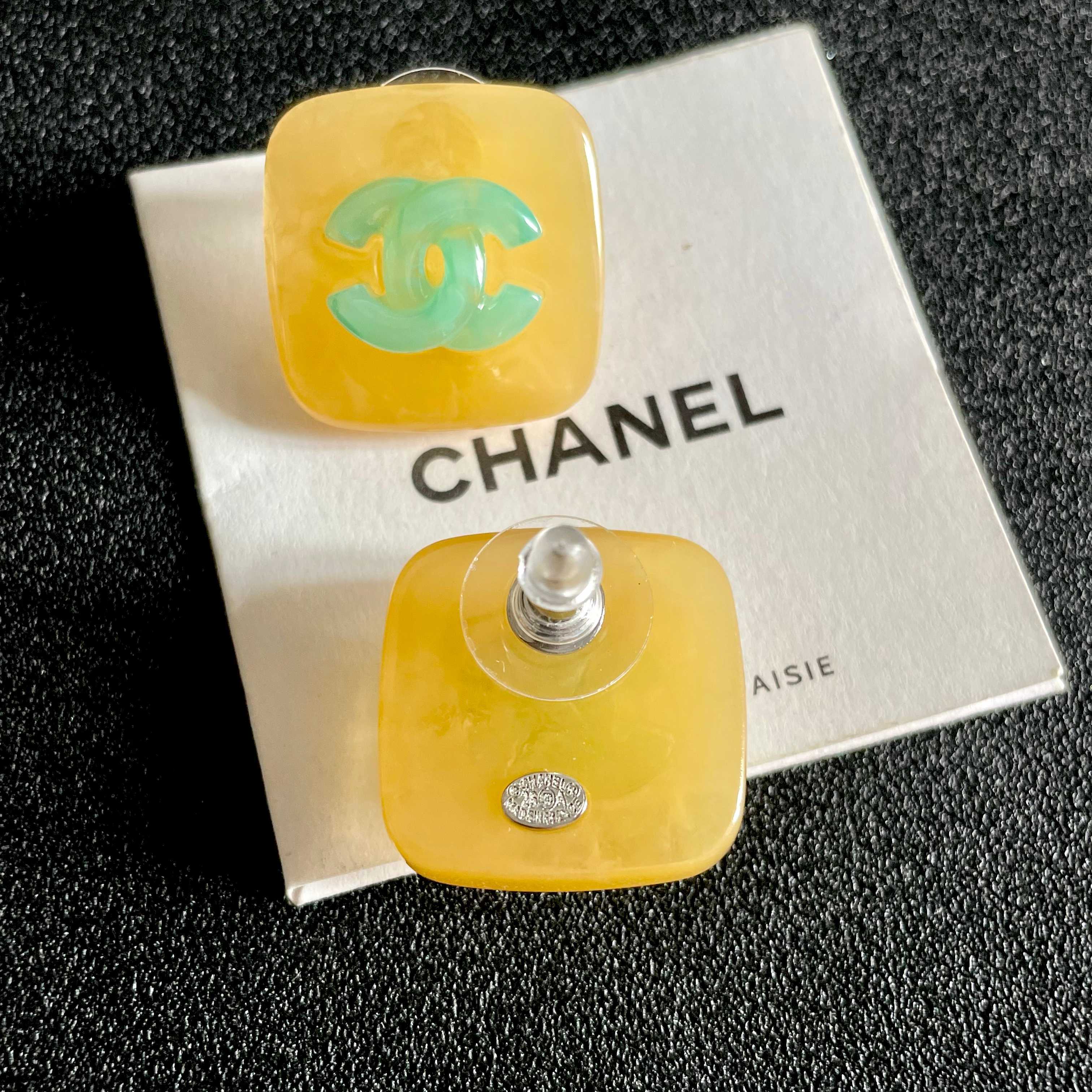 Chanel Yellow and Green Logo Stud Earrings
