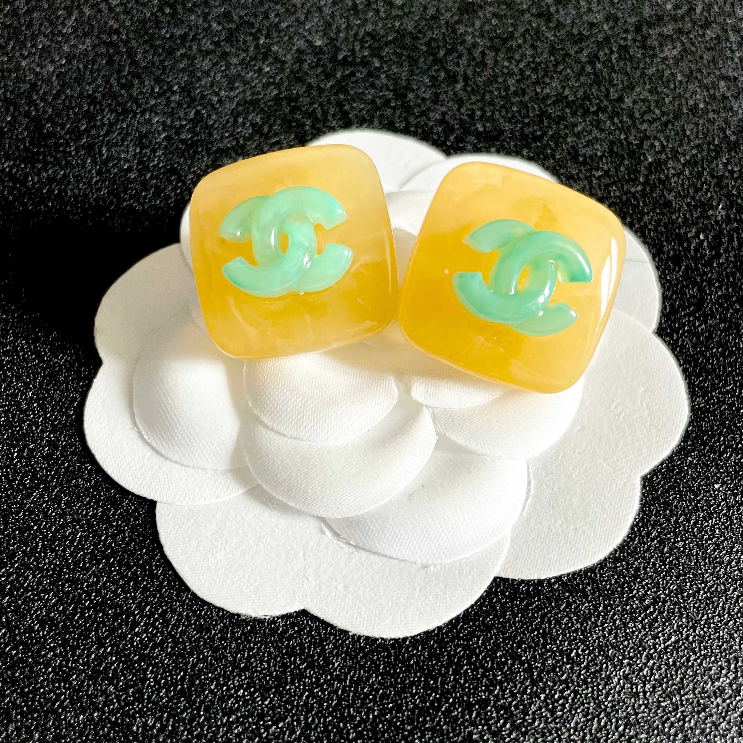 Chanel Yellow and Green Logo Stud Earrings