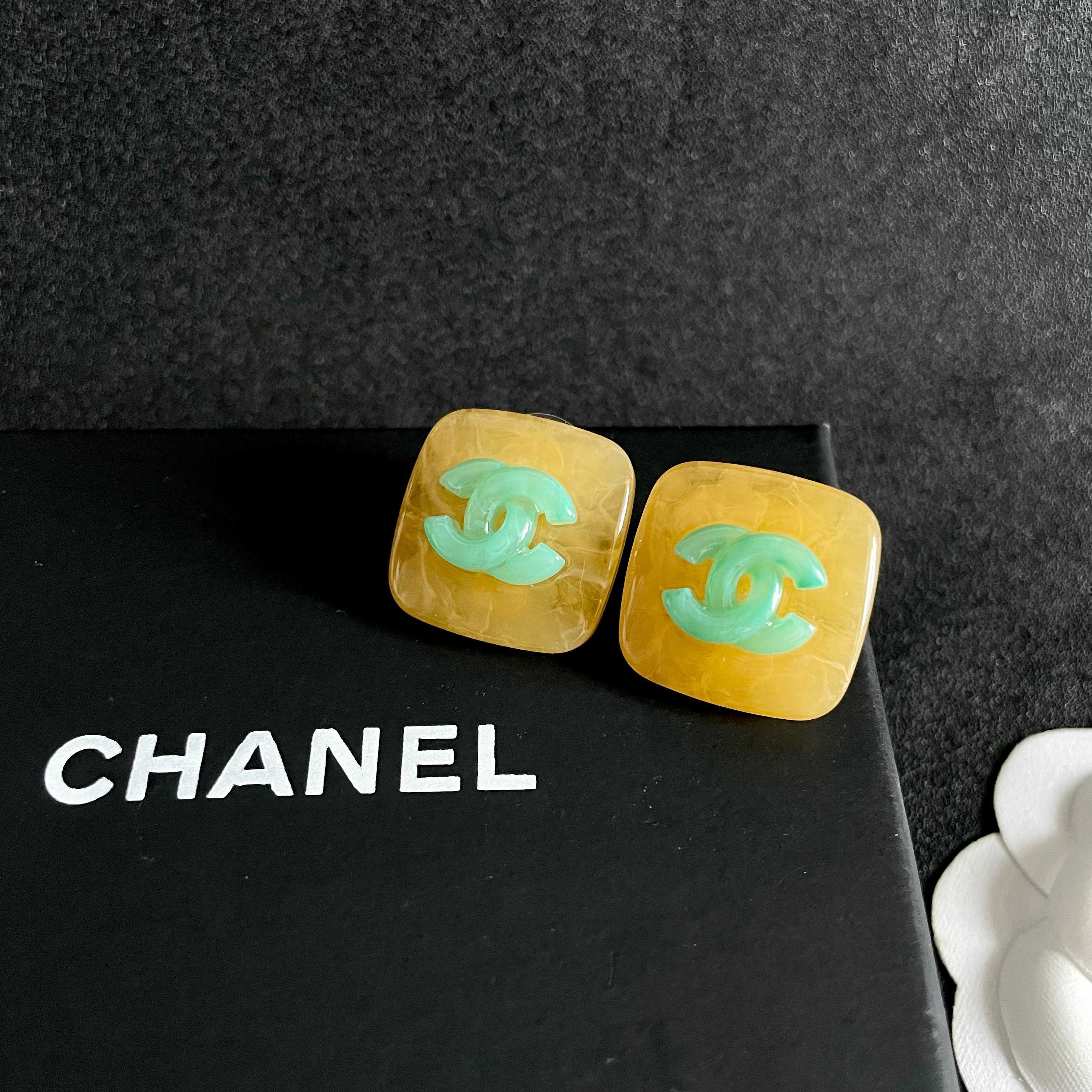 Chanel Yellow and Green Logo Stud Earrings