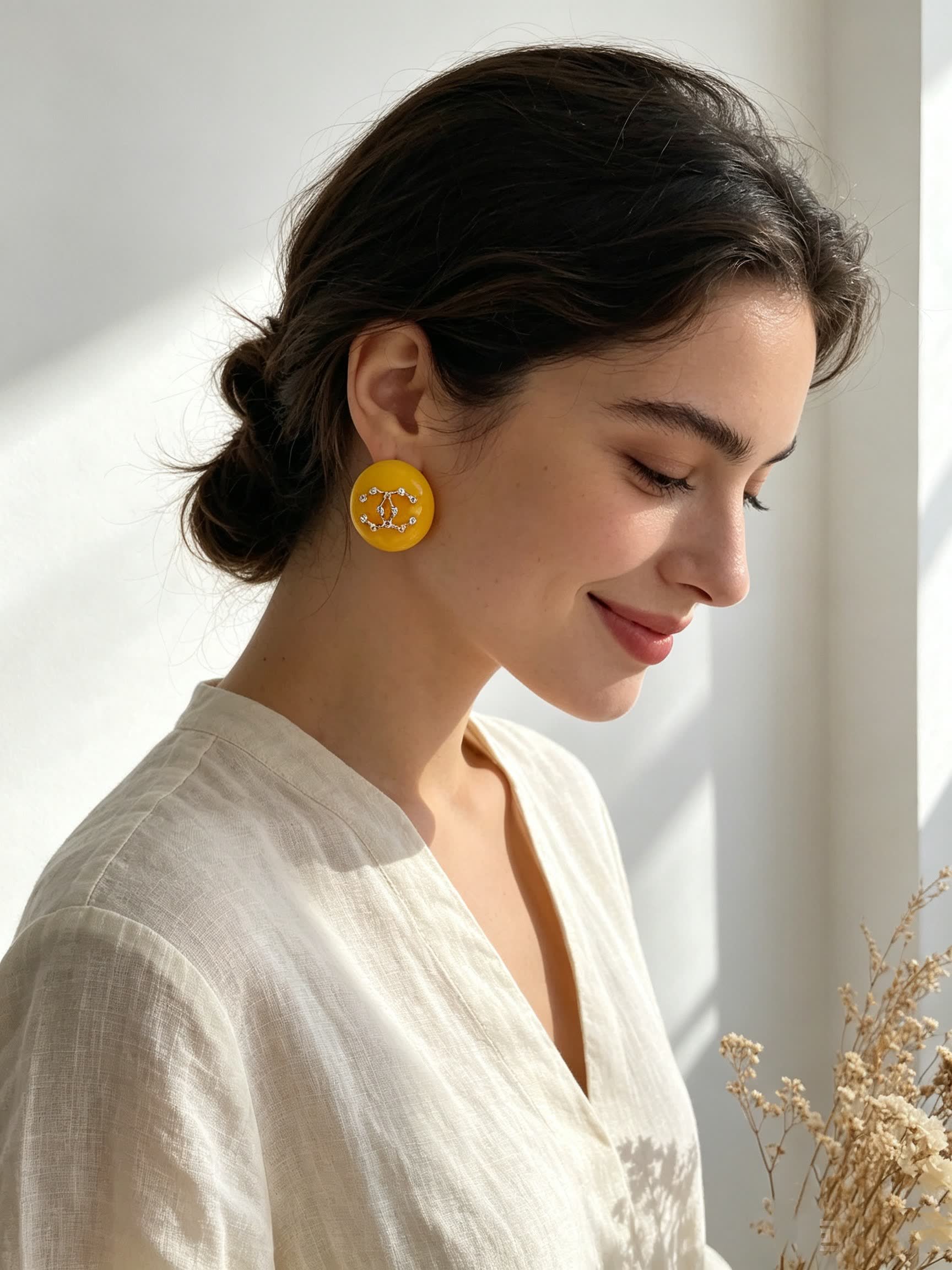 Chanel Yellow Round Earrings with White Floral Design Chanel Yellow Round Earrings with White Floral Design