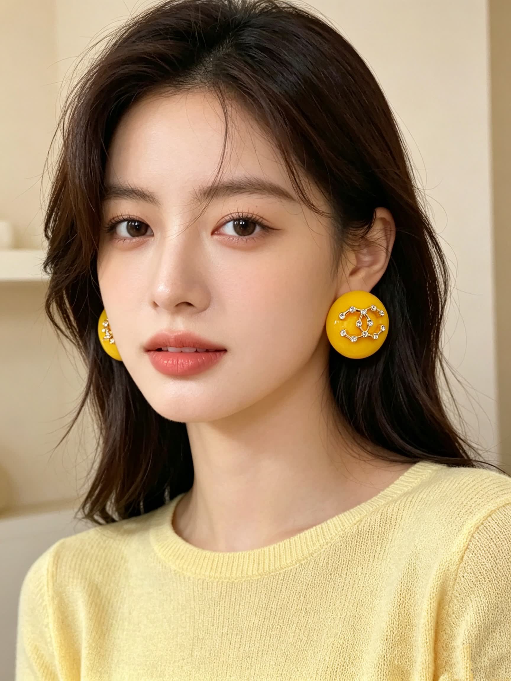Chanel Yellow Round Earrings with White Floral Design