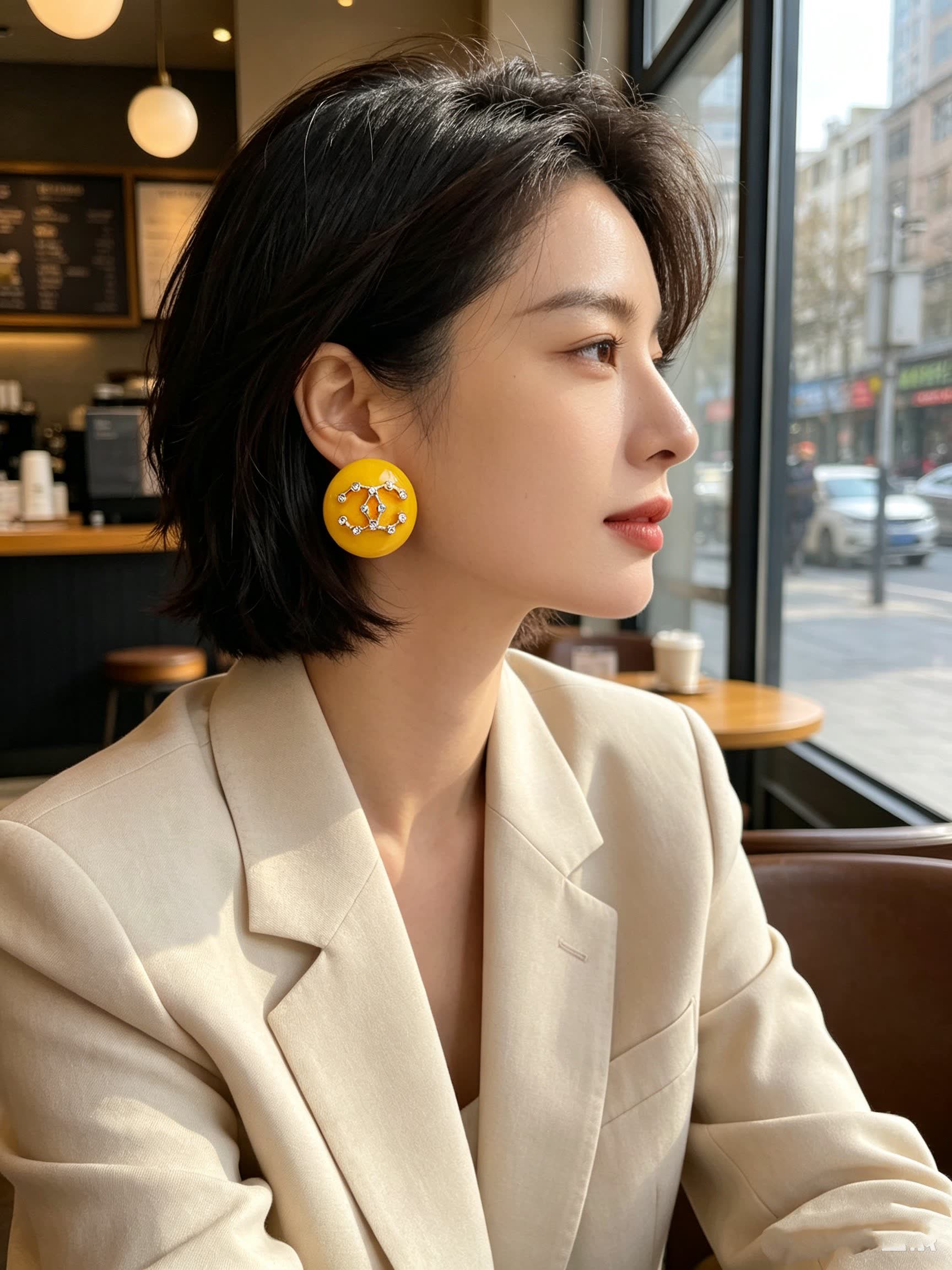 Chanel Yellow Round Earrings with White Floral Design