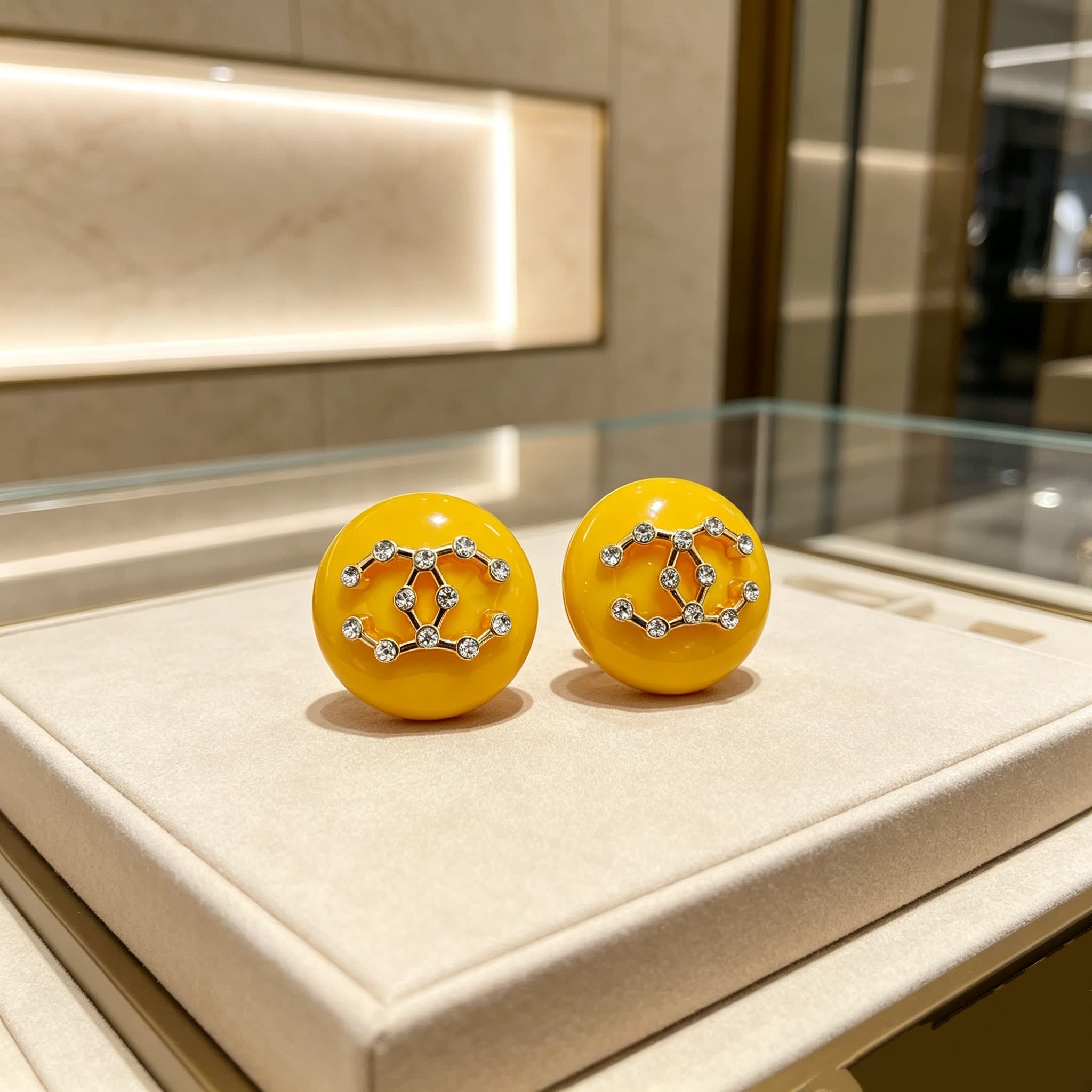 Chanel Yellow Round Earrings with White Floral Design