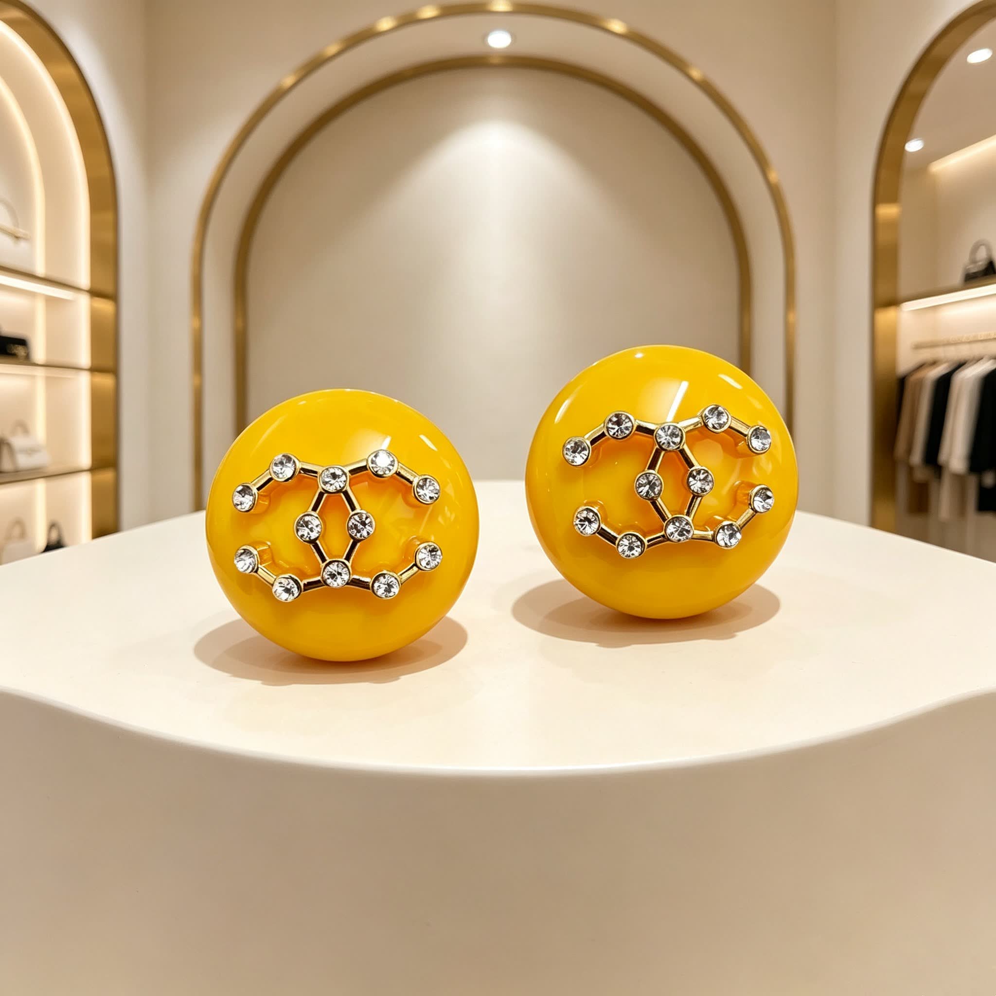 Chanel Yellow Round Earrings with White Floral Design