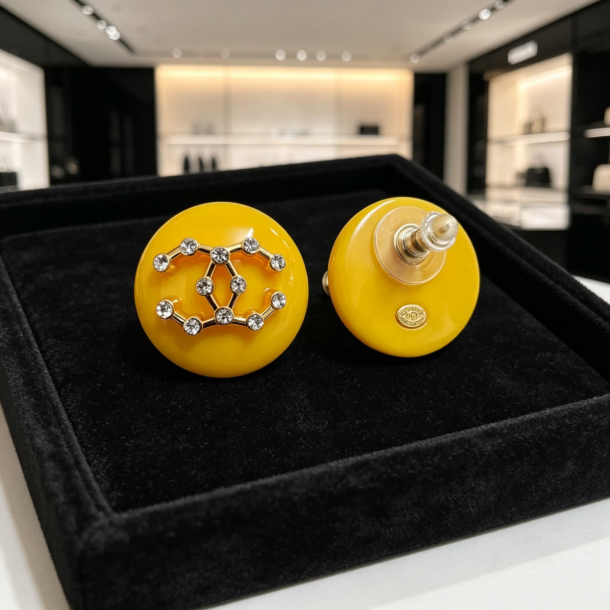 Chanel Yellow Round Earrings with White Floral Design