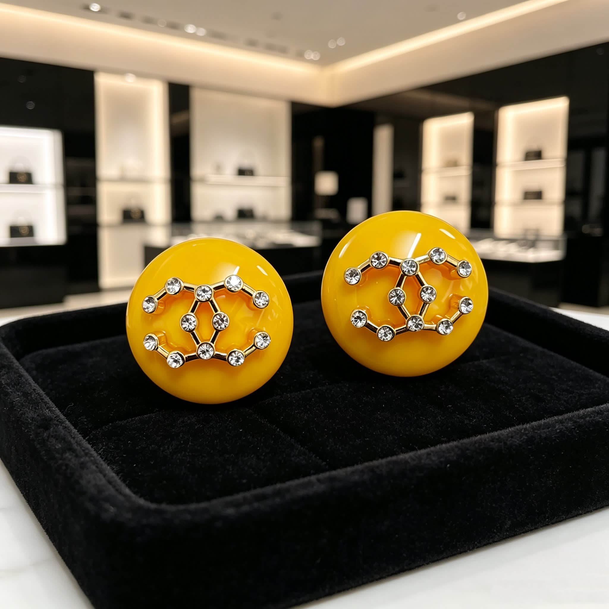 Chanel Yellow Round Earrings with White Floral Design