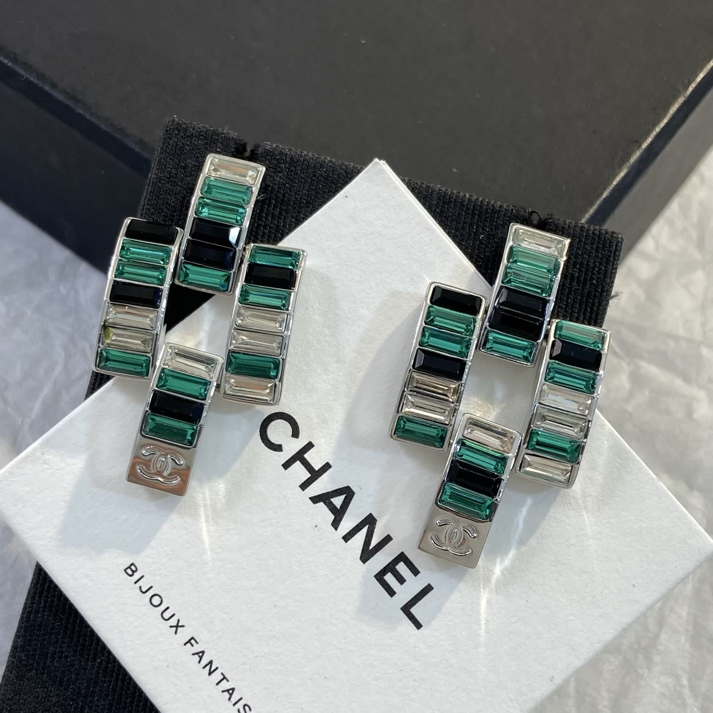 Chanel Green Crystal Earrings