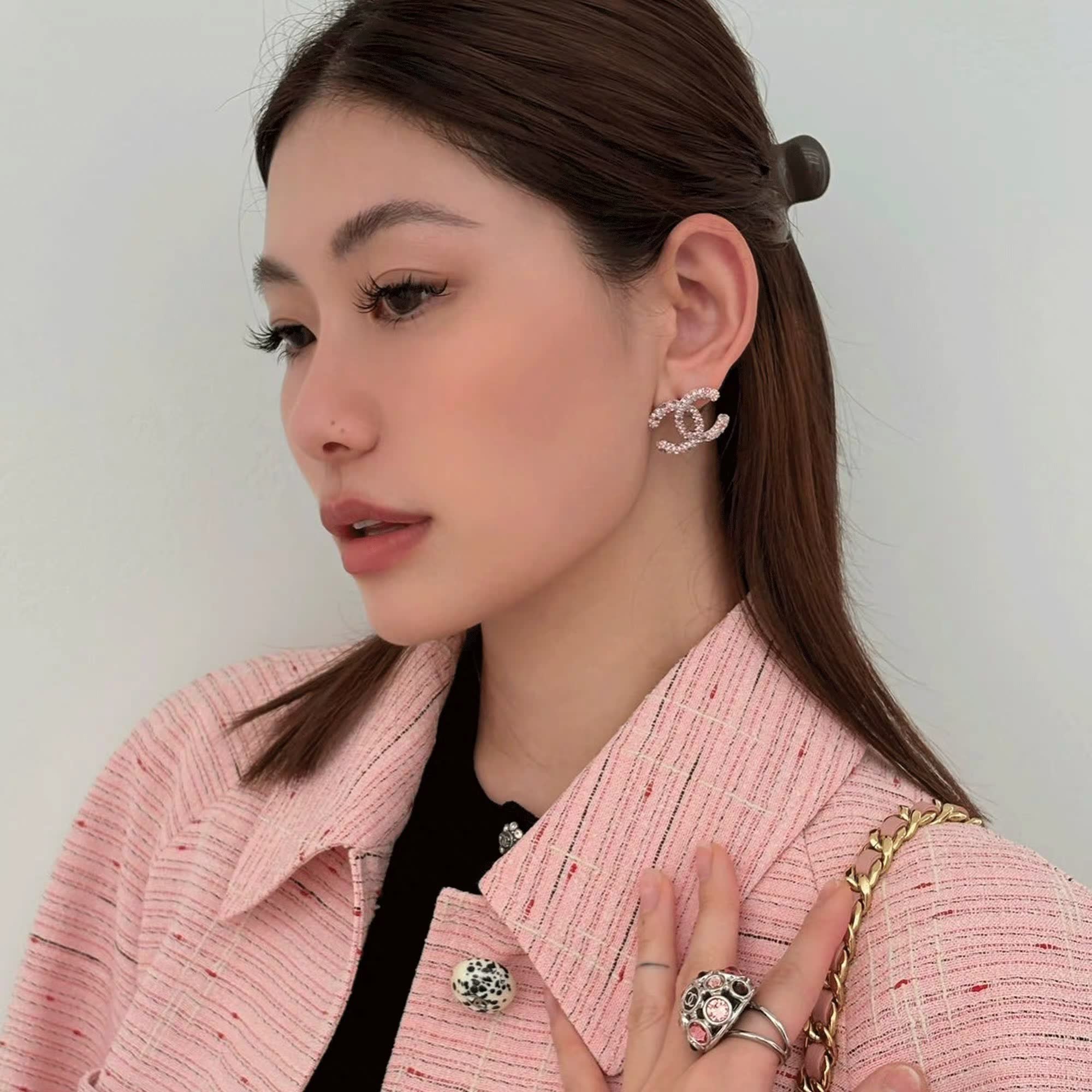 Chanel CC Logo Crystal Stud Earrings