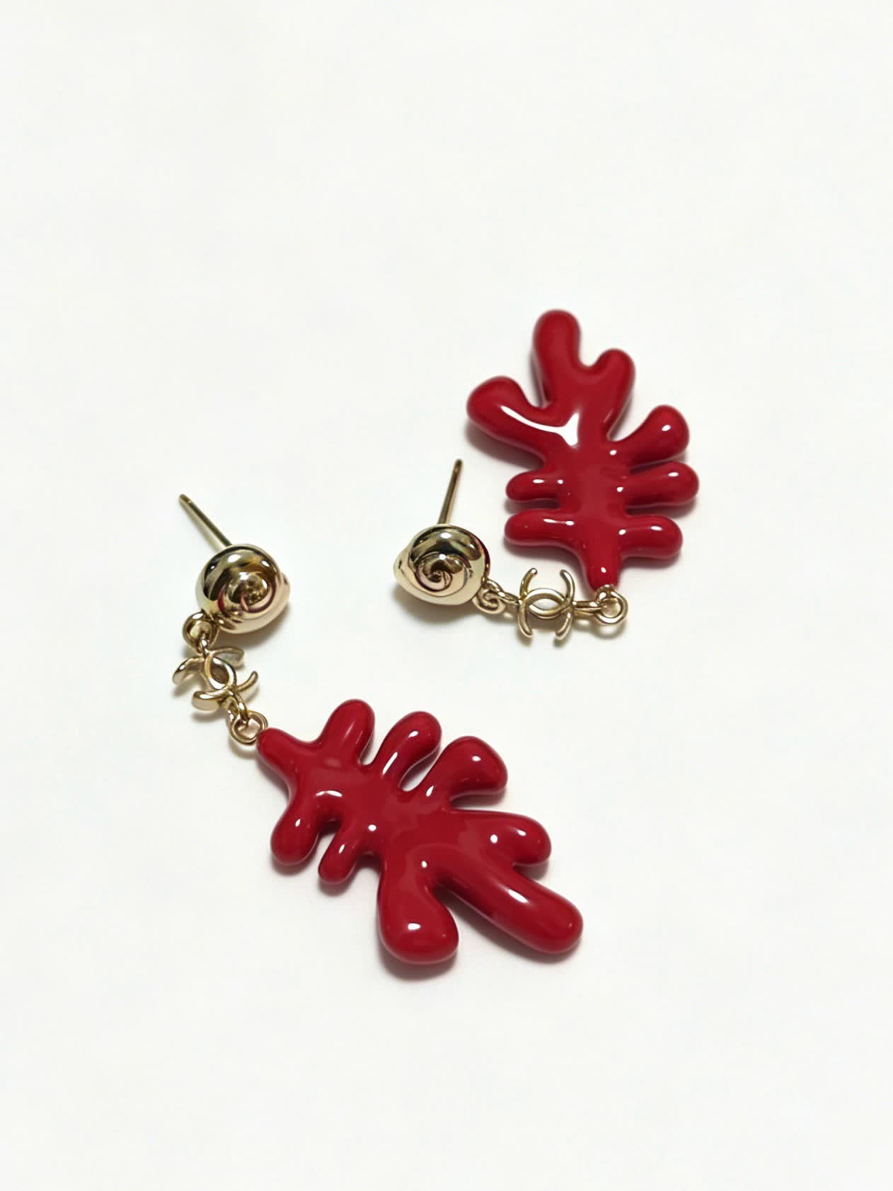 Chanel Red Enamel Leaf Earrings