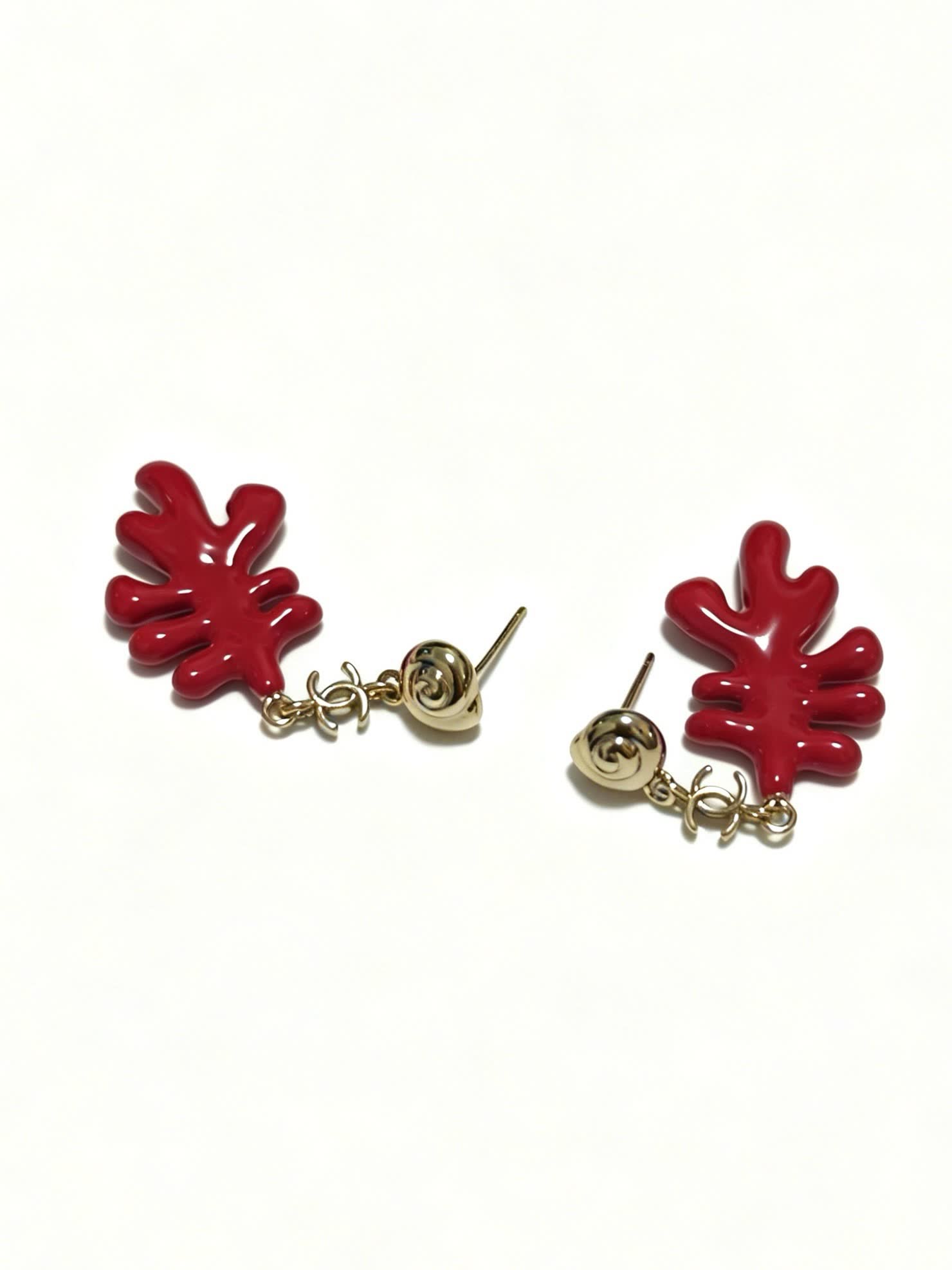 Chanel Red Enamel Leaf Earrings