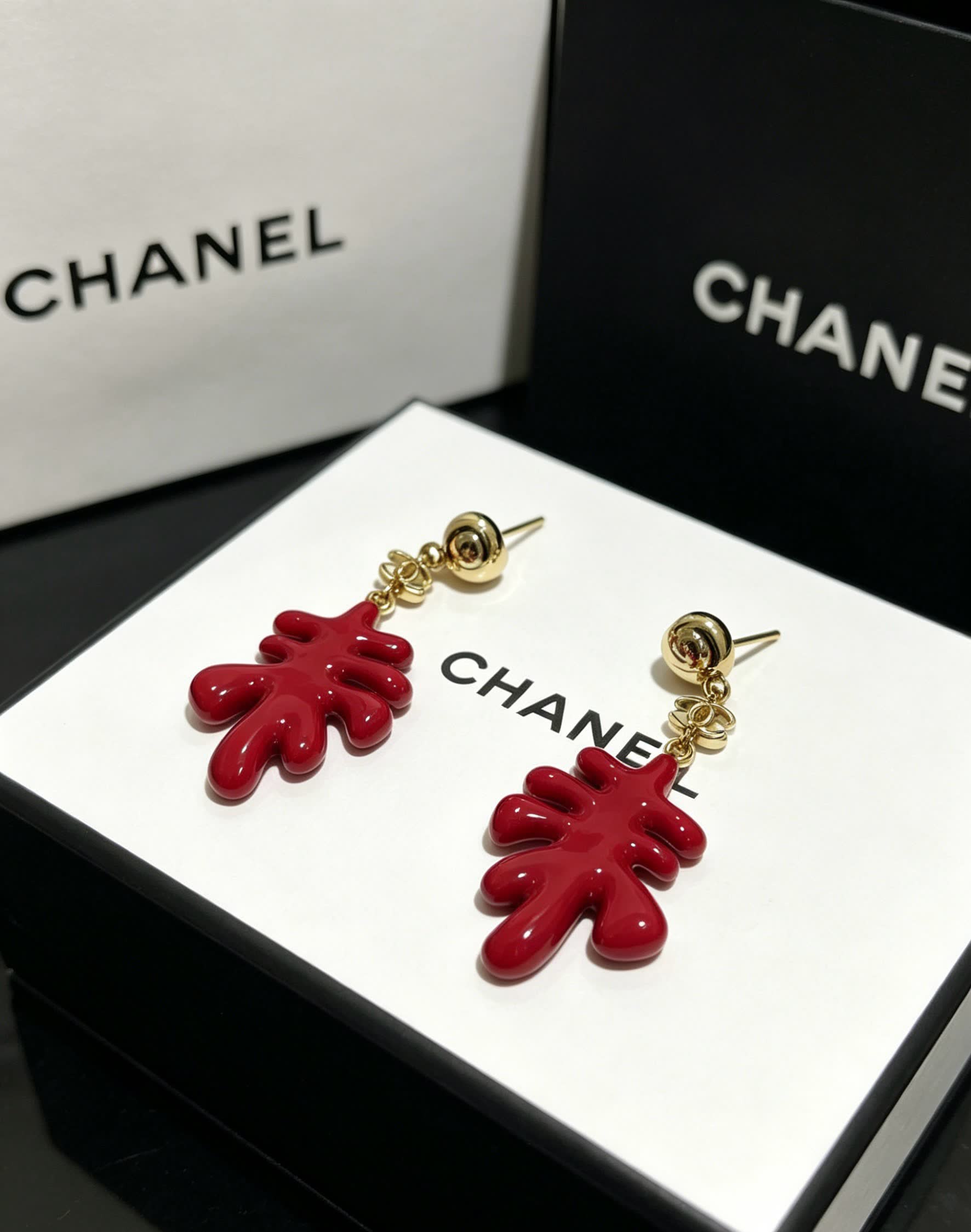 Chanel Red Enamel Leaf Earrings