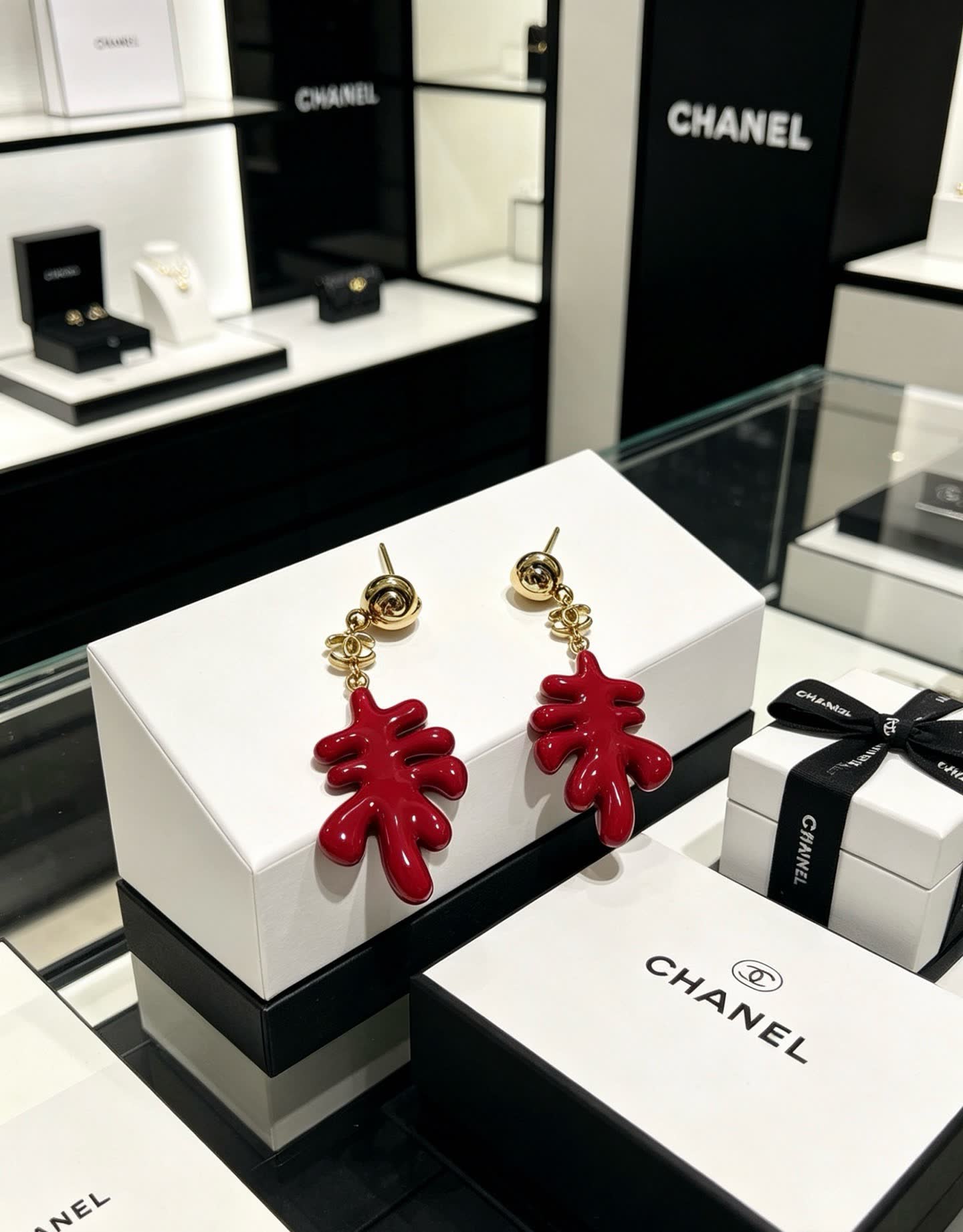 Chanel Red Enamel Leaf Earrings