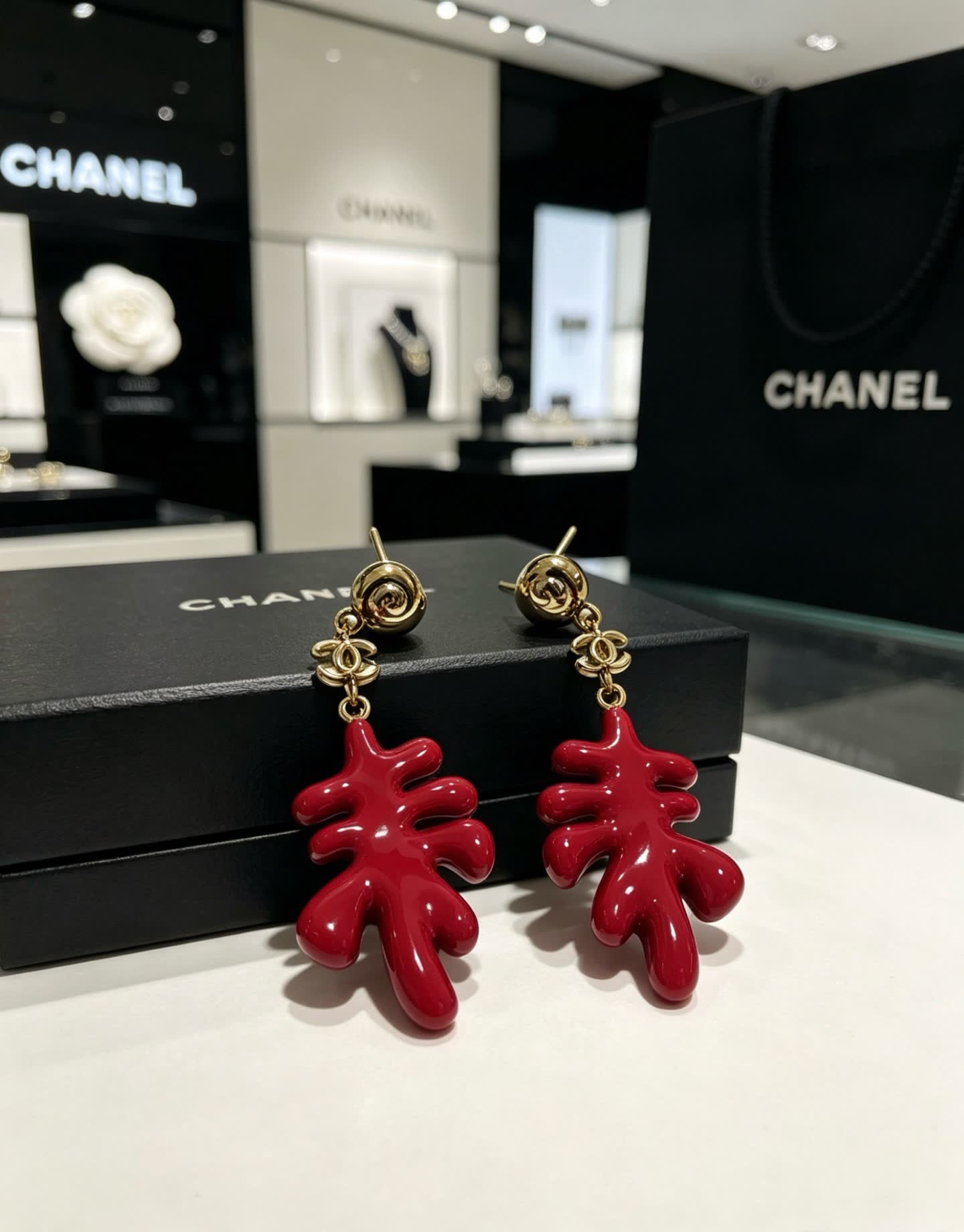 Chanel Red Enamel Leaf Earrings