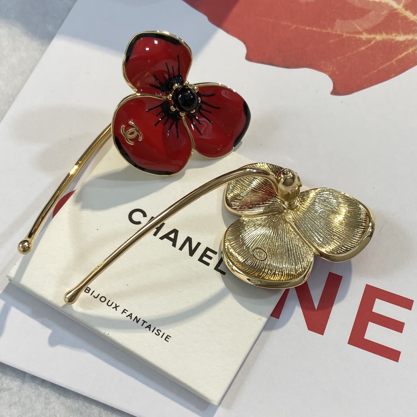 Chanel Earrings - Red Enamel Flower Design Chanel Earrings - Red Enamel Flower Design