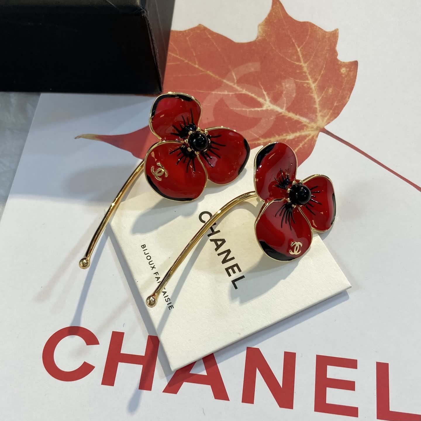 Chanel Earrings - Red Enamel Flower Design