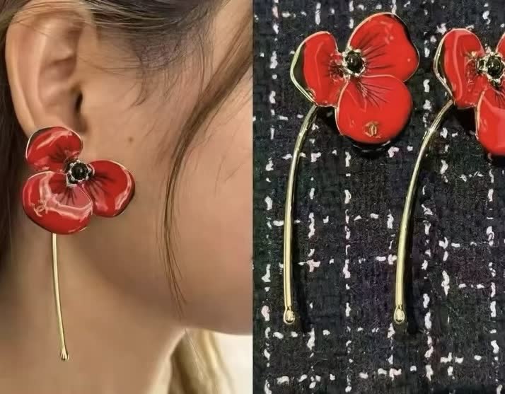 Chanel Earrings - Red Enamel Flower Design