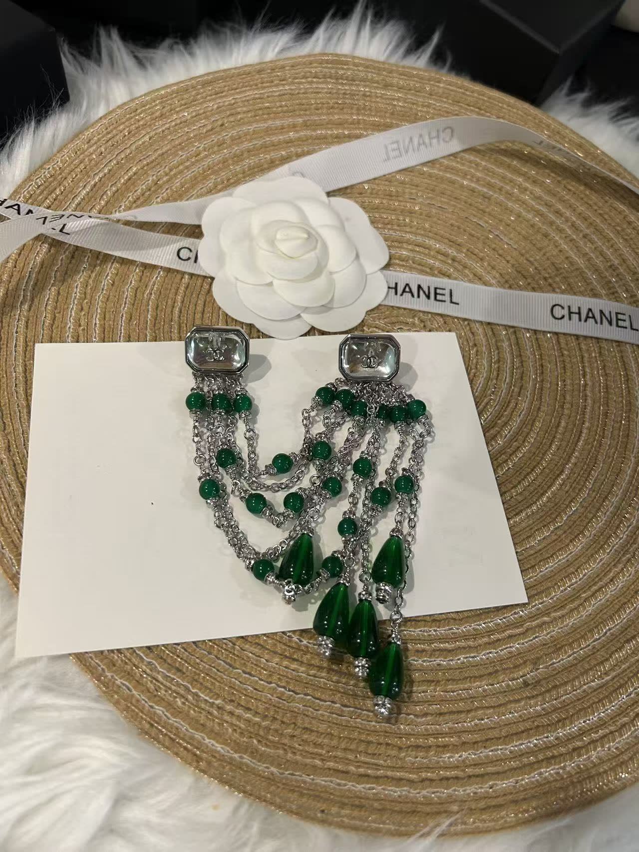 Chanel Emerald Green Beaded Earrings