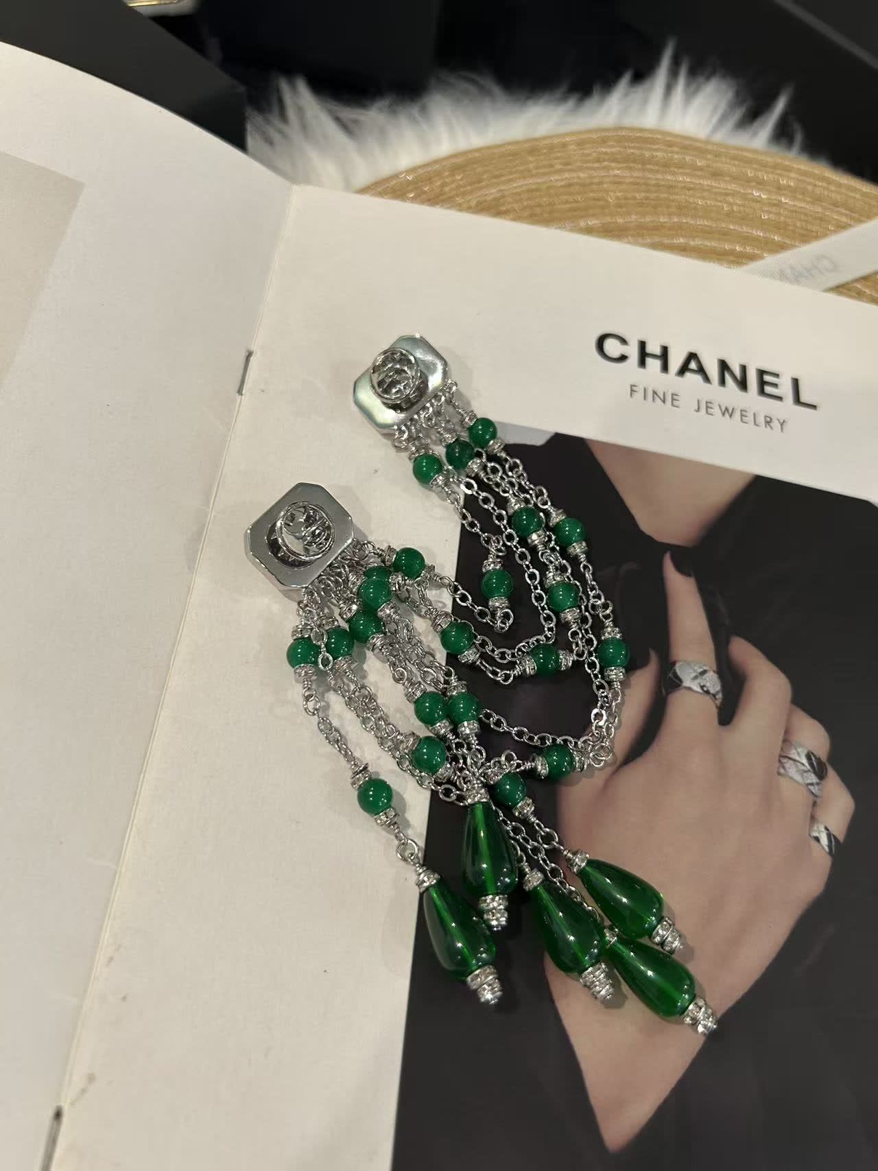 Chanel Emerald Green Beaded Earrings