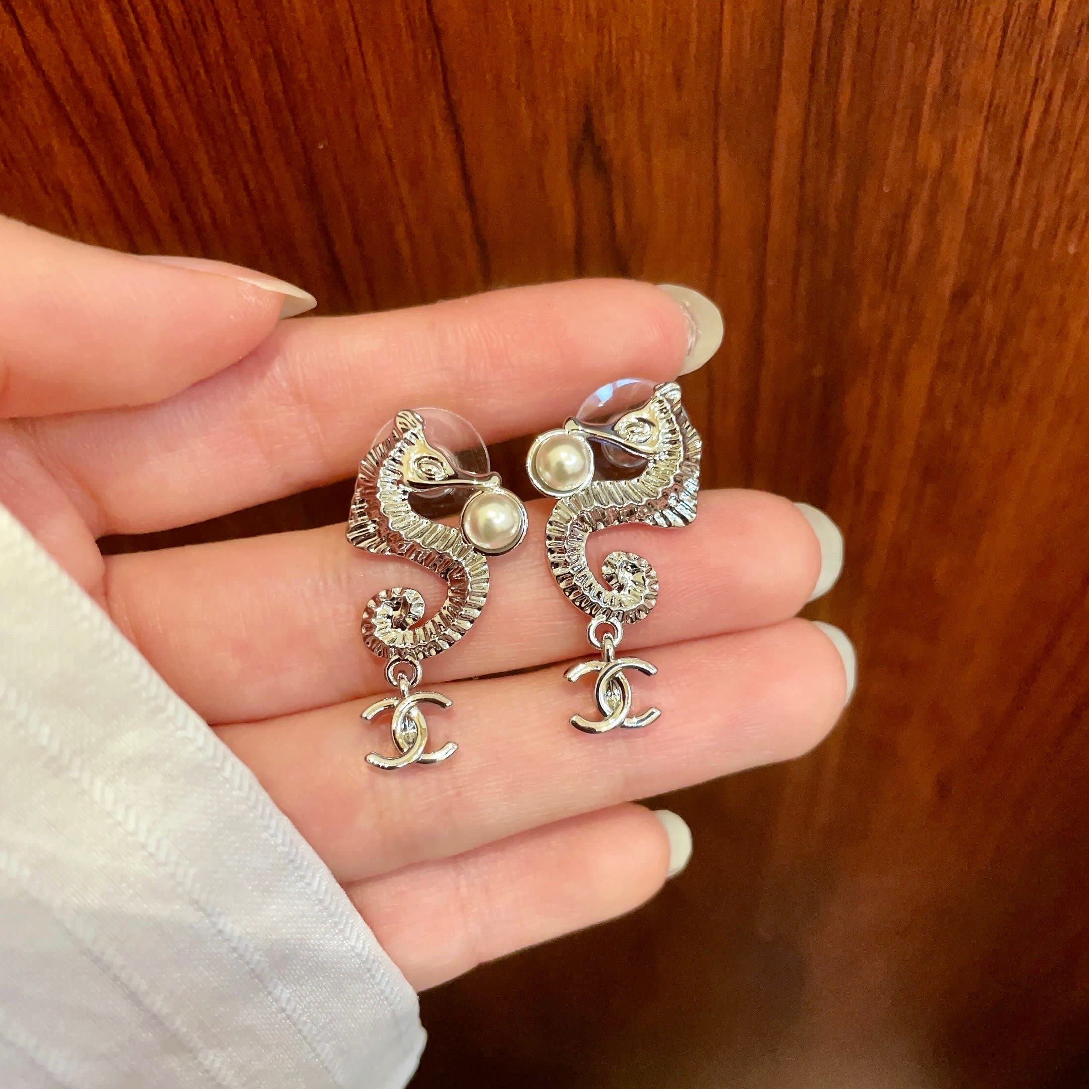 Chanel Silver Seahorse Pearl Earrings