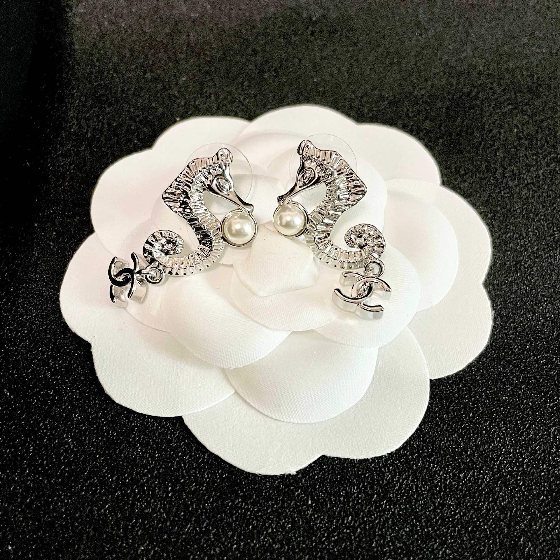 Chanel Silver Seahorse Pearl Earrings