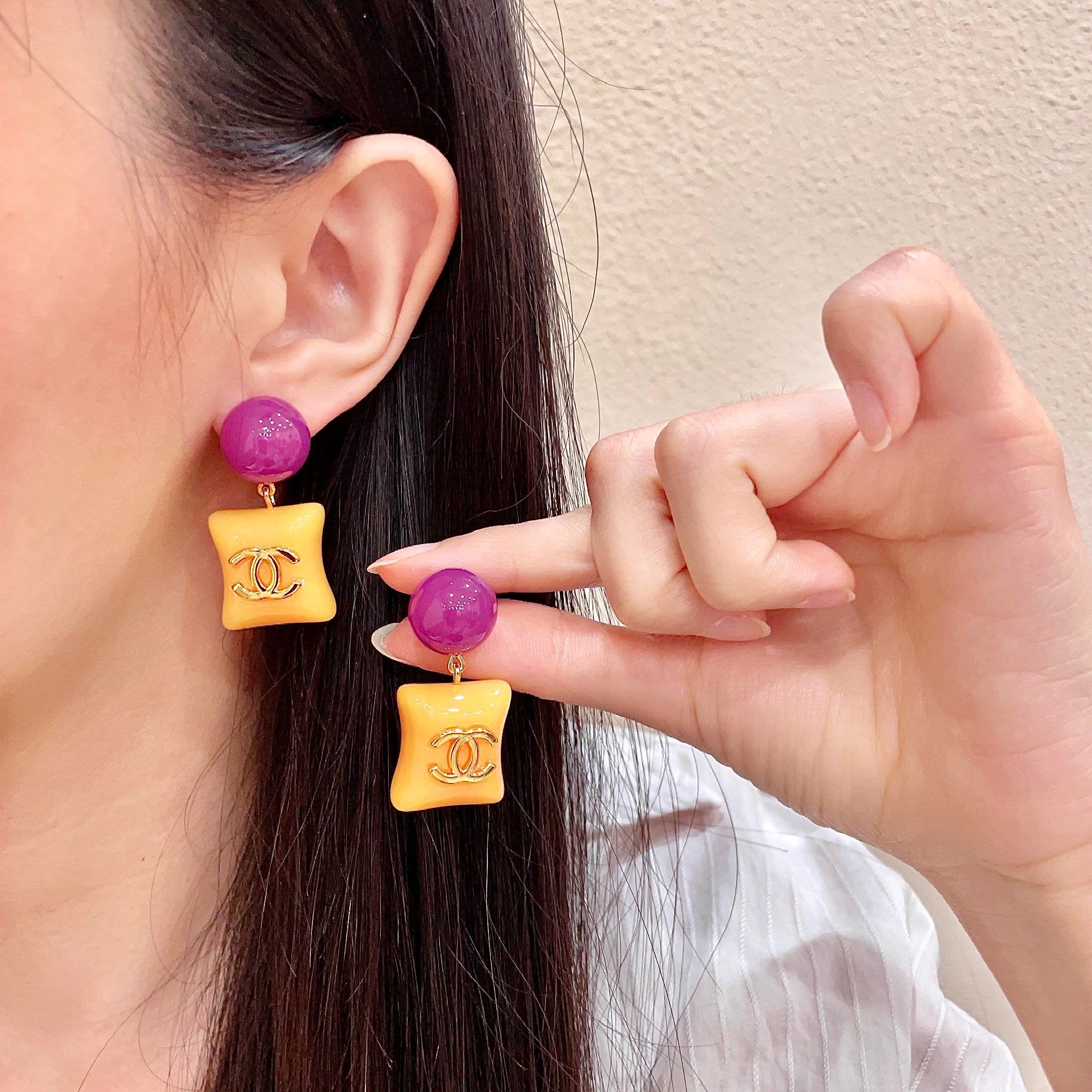 Chanel CC Logo Yellow and Purple Earrings Chanel CC Logo Yellow and Purple Earrings