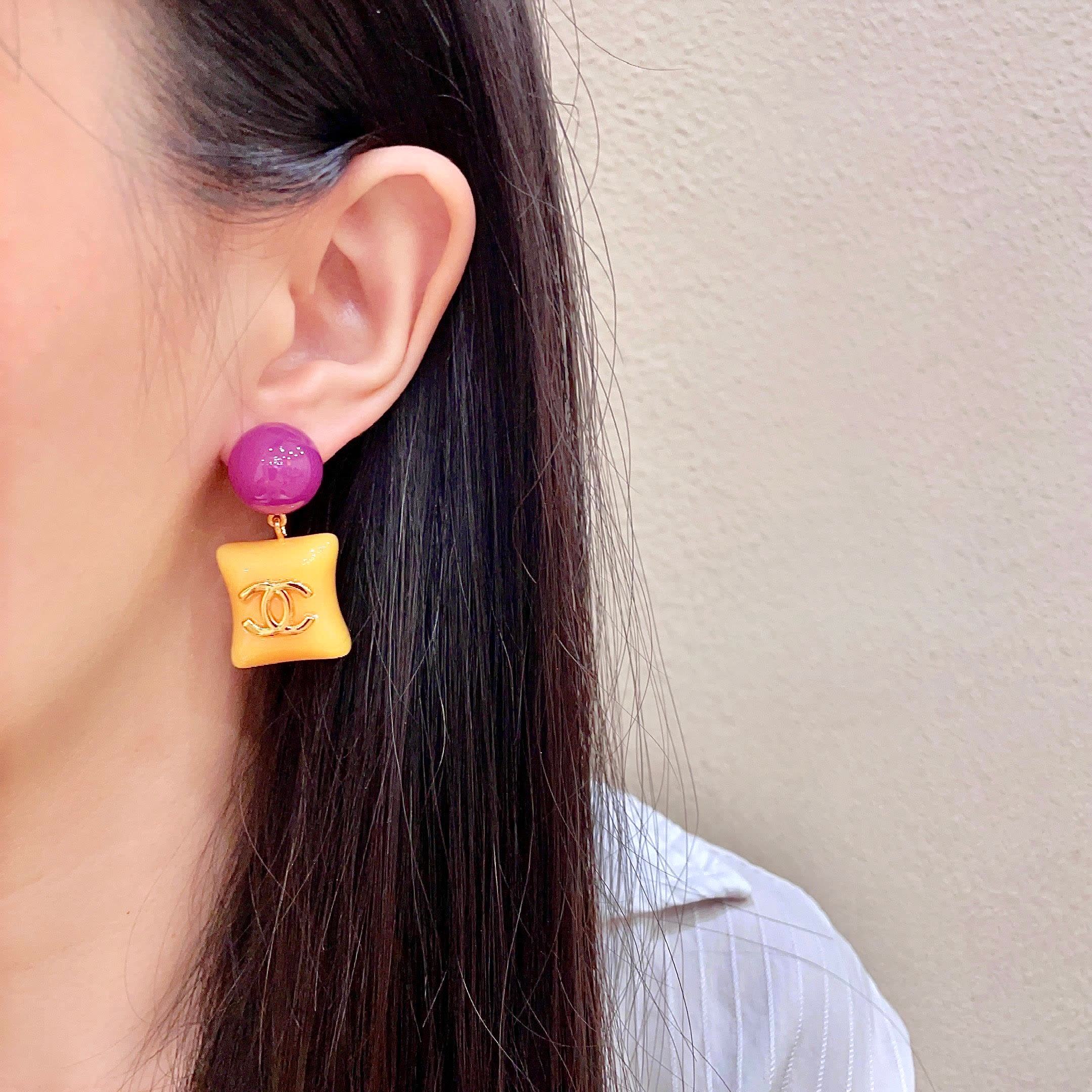 Chanel CC Logo Yellow and Purple Earrings