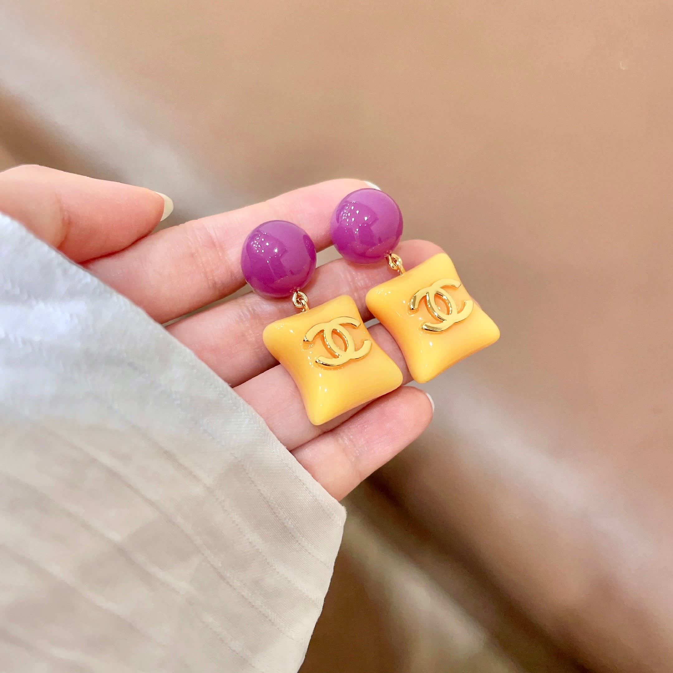 Chanel CC Logo Yellow and Purple Earrings