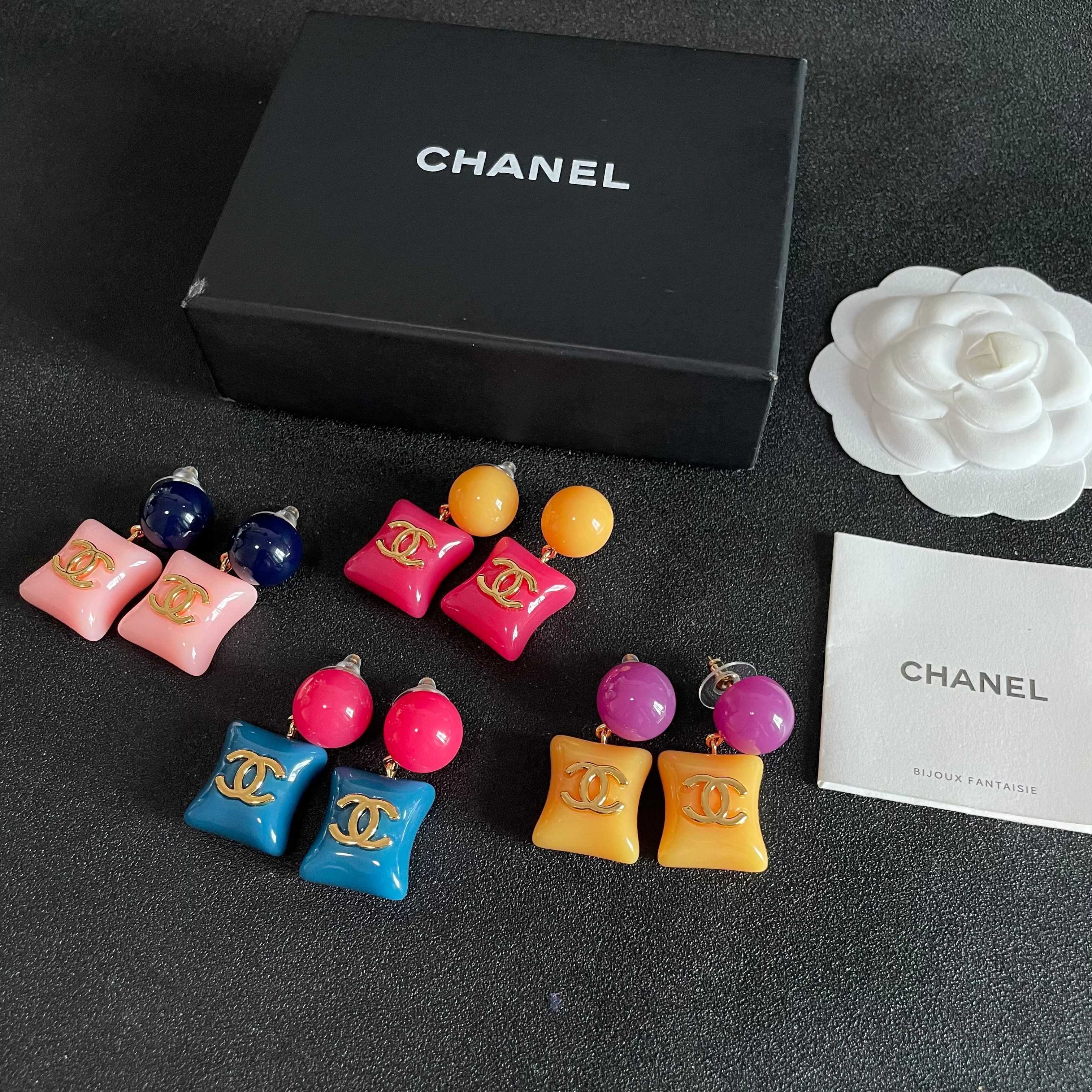 Chanel CC Logo Yellow and Purple Earrings