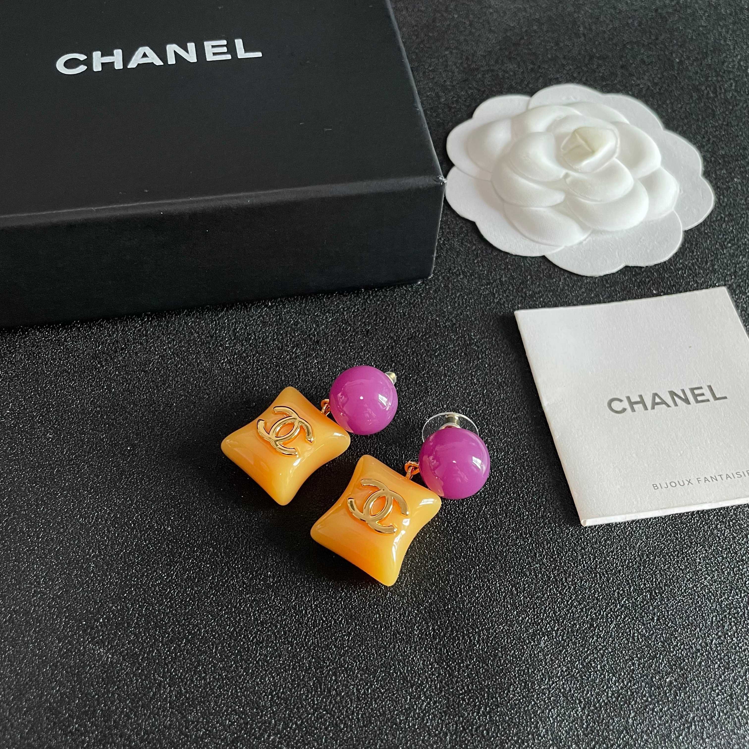 Chanel CC Logo Yellow and Purple Earrings