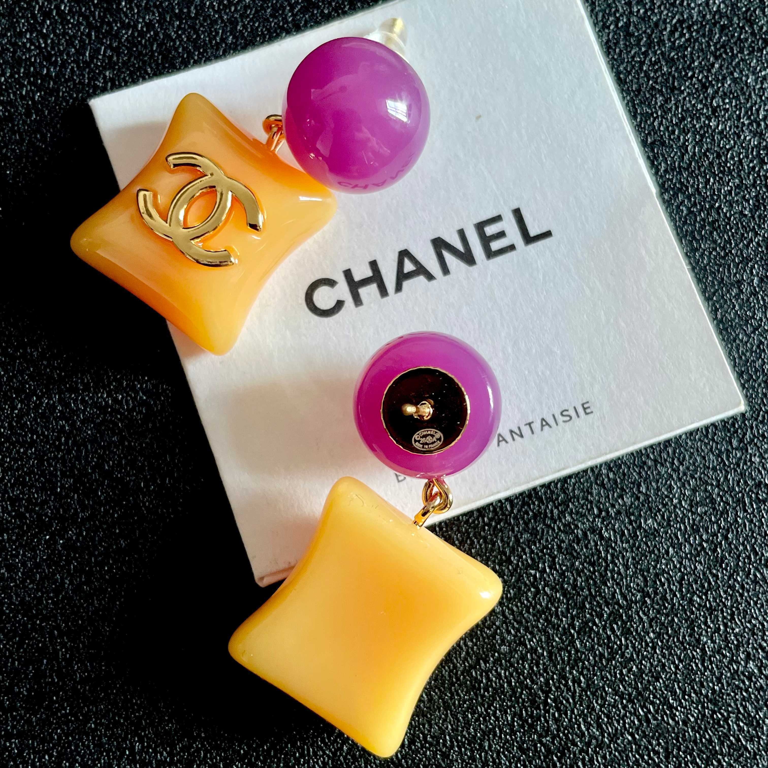 Chanel CC Logo Yellow and Purple Earrings