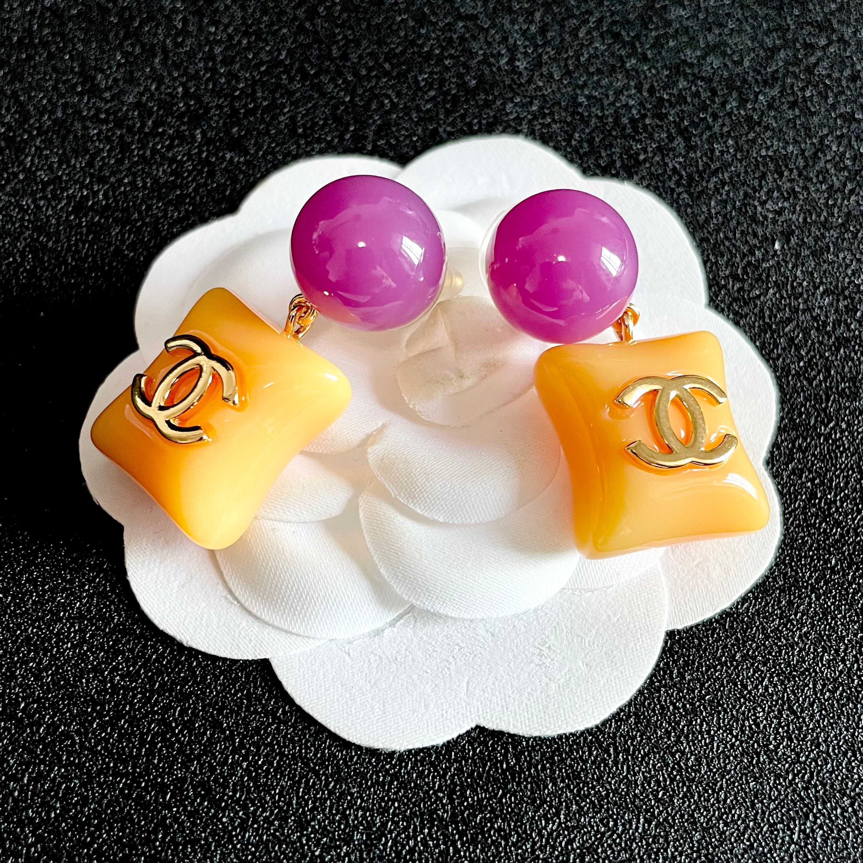 Chanel CC Logo Yellow and Purple Earrings