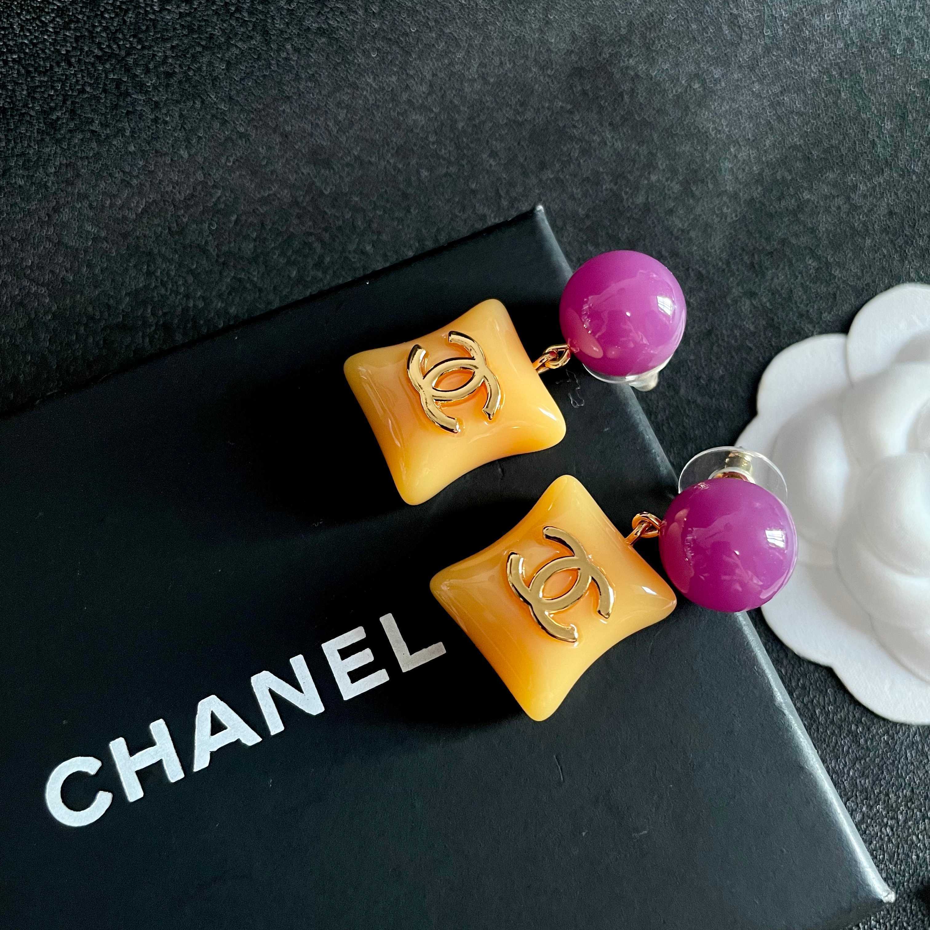 Chanel CC Logo Yellow and Purple Earrings