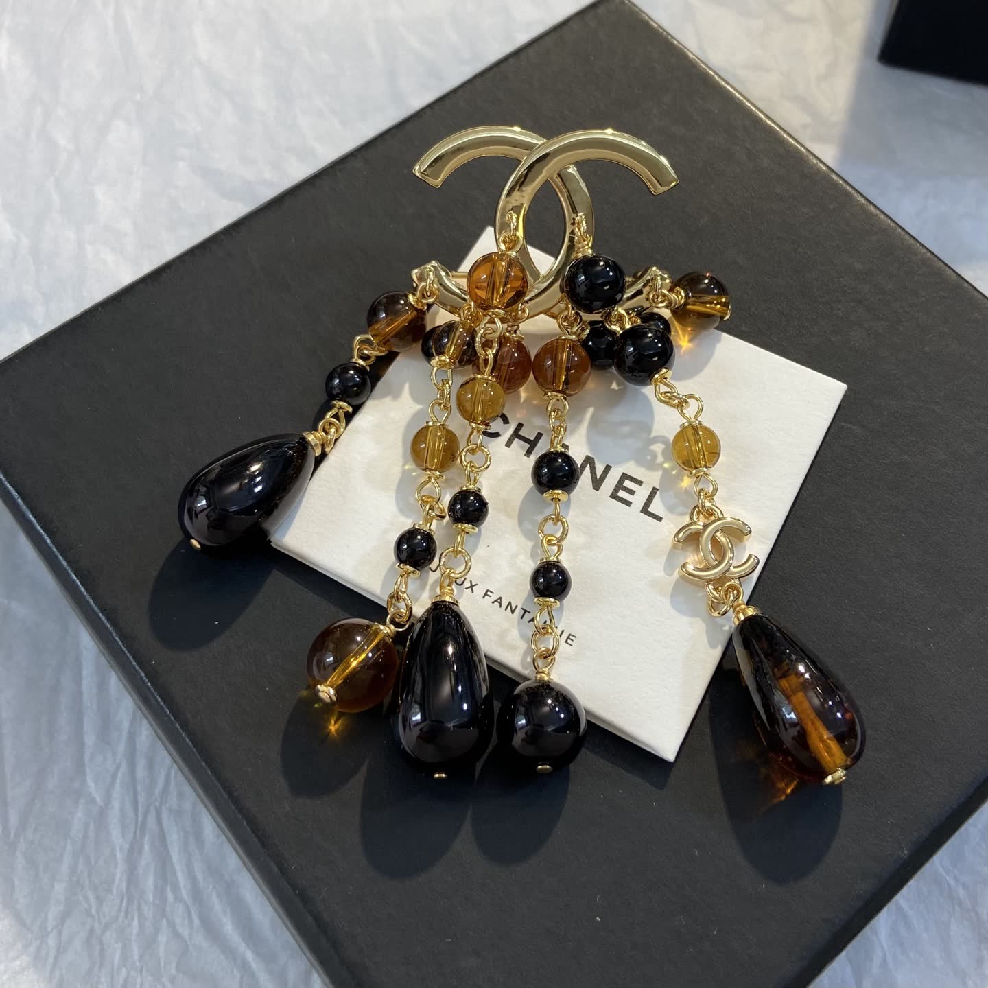 Chanel CC Logo Earrings with Black and Brown Beads Chanel CC Logo Earrings with Black and Brown Beads