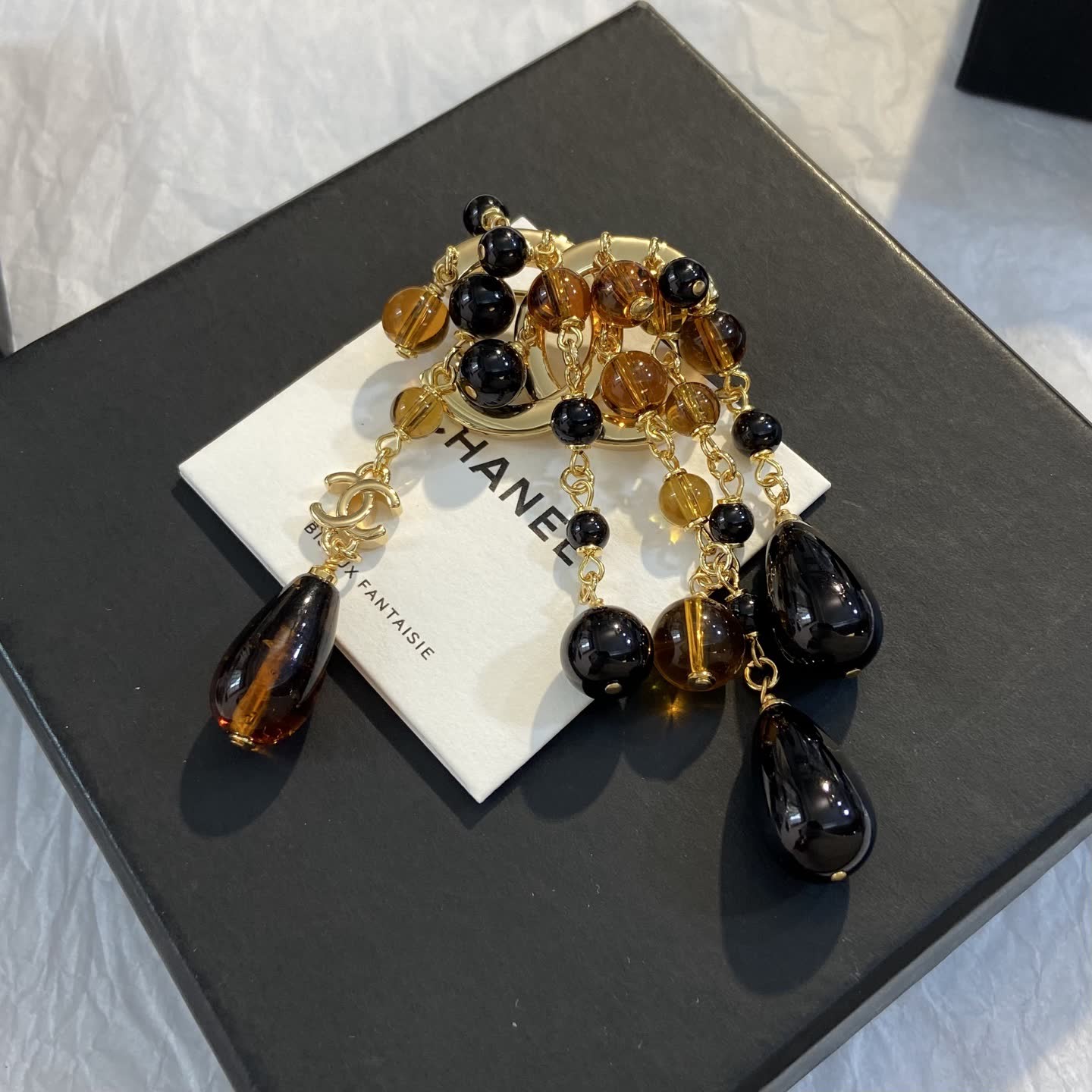 Chanel CC Logo Earrings with Black and Brown Beads