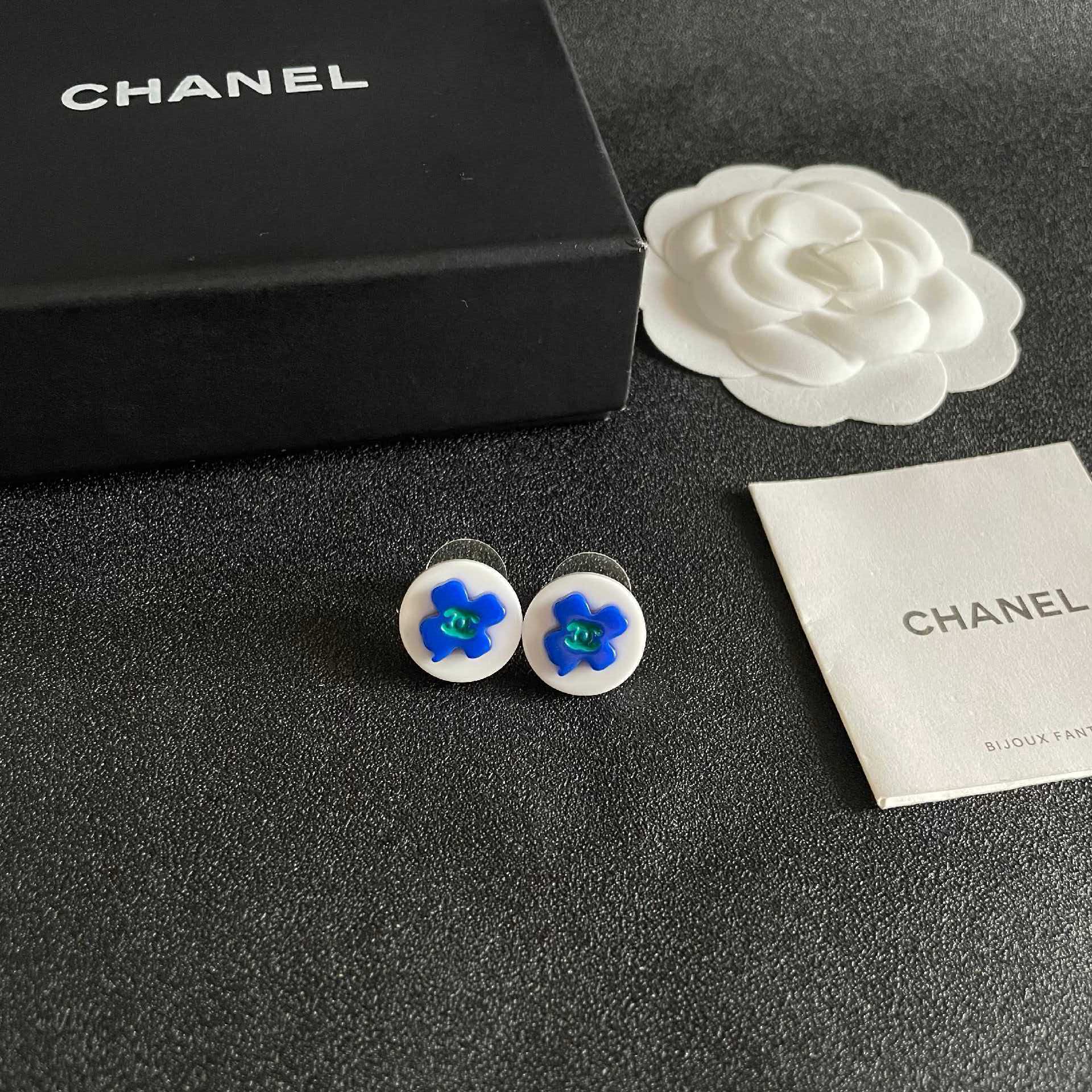 Chanel Blue Flower Stud Earrings
