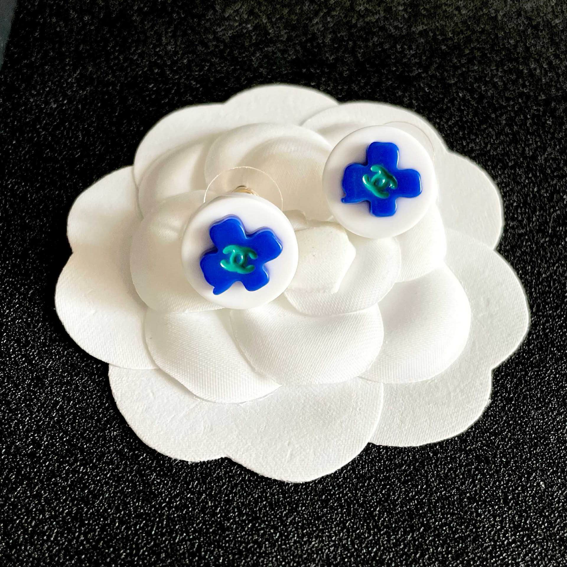 Chanel Blue Flower Stud Earrings