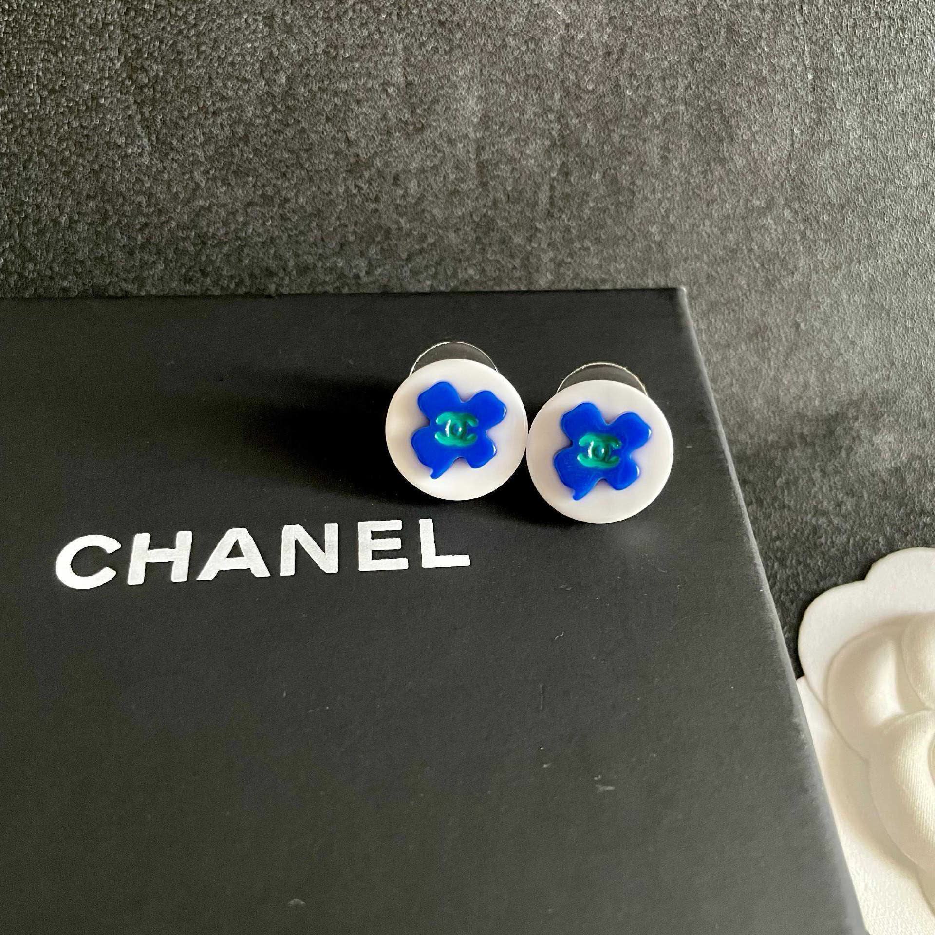 Chanel Blue Flower Stud Earrings