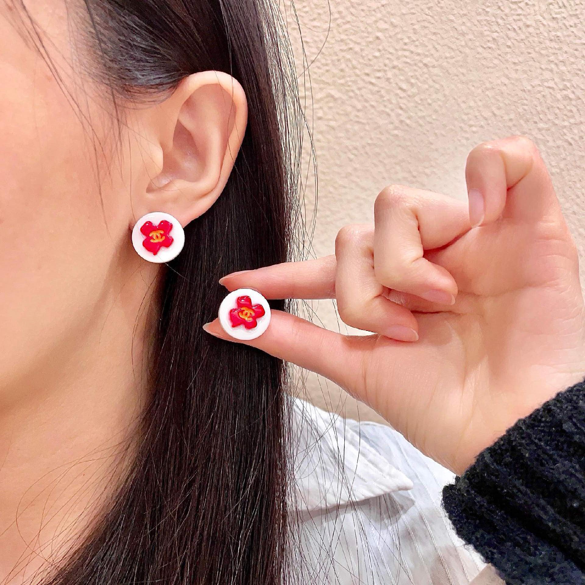 Chanel Red Camellia Stud Earrings Chanel Red Camellia Stud Earrings