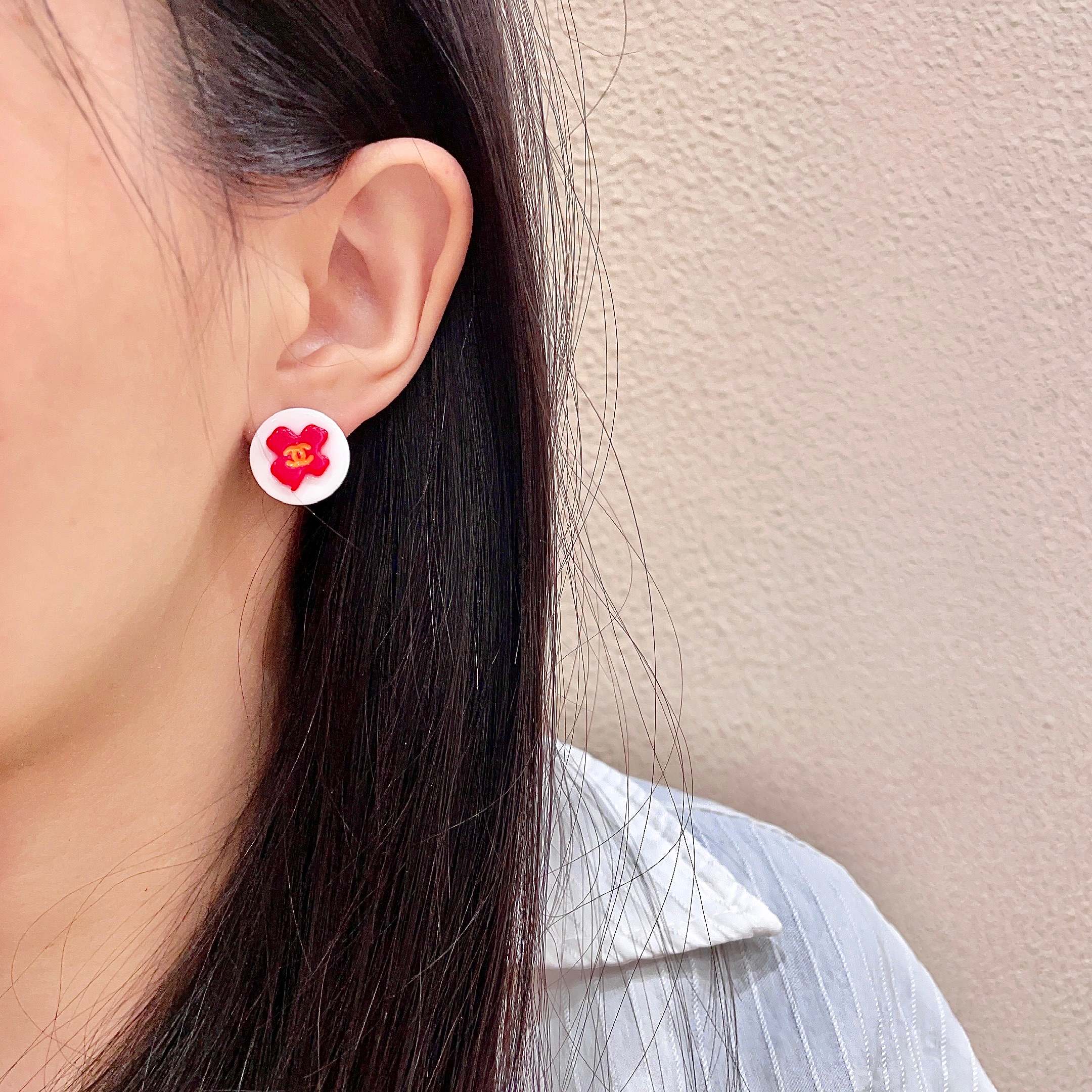 Chanel Red Camellia Stud Earrings