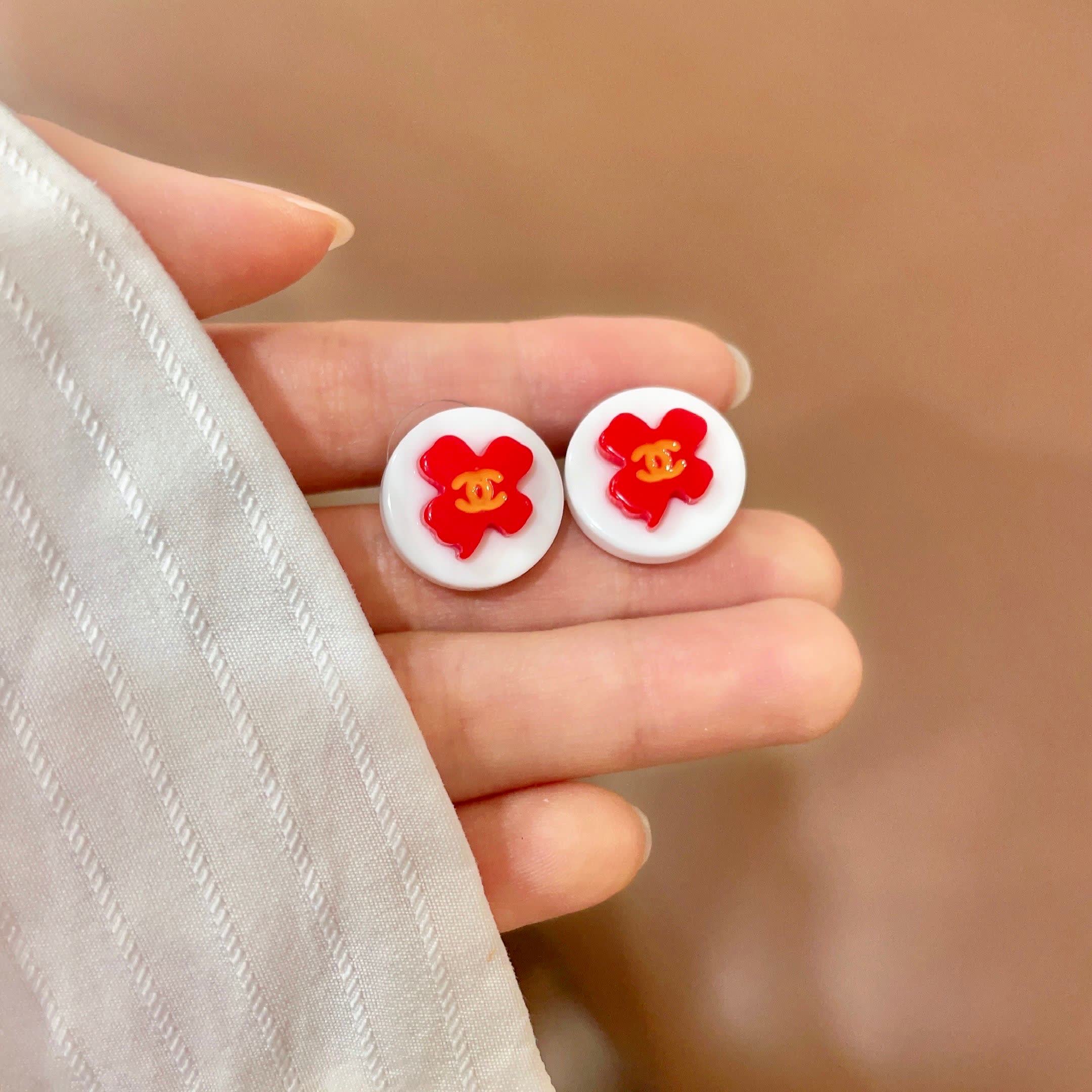 Chanel Red Camellia Stud Earrings