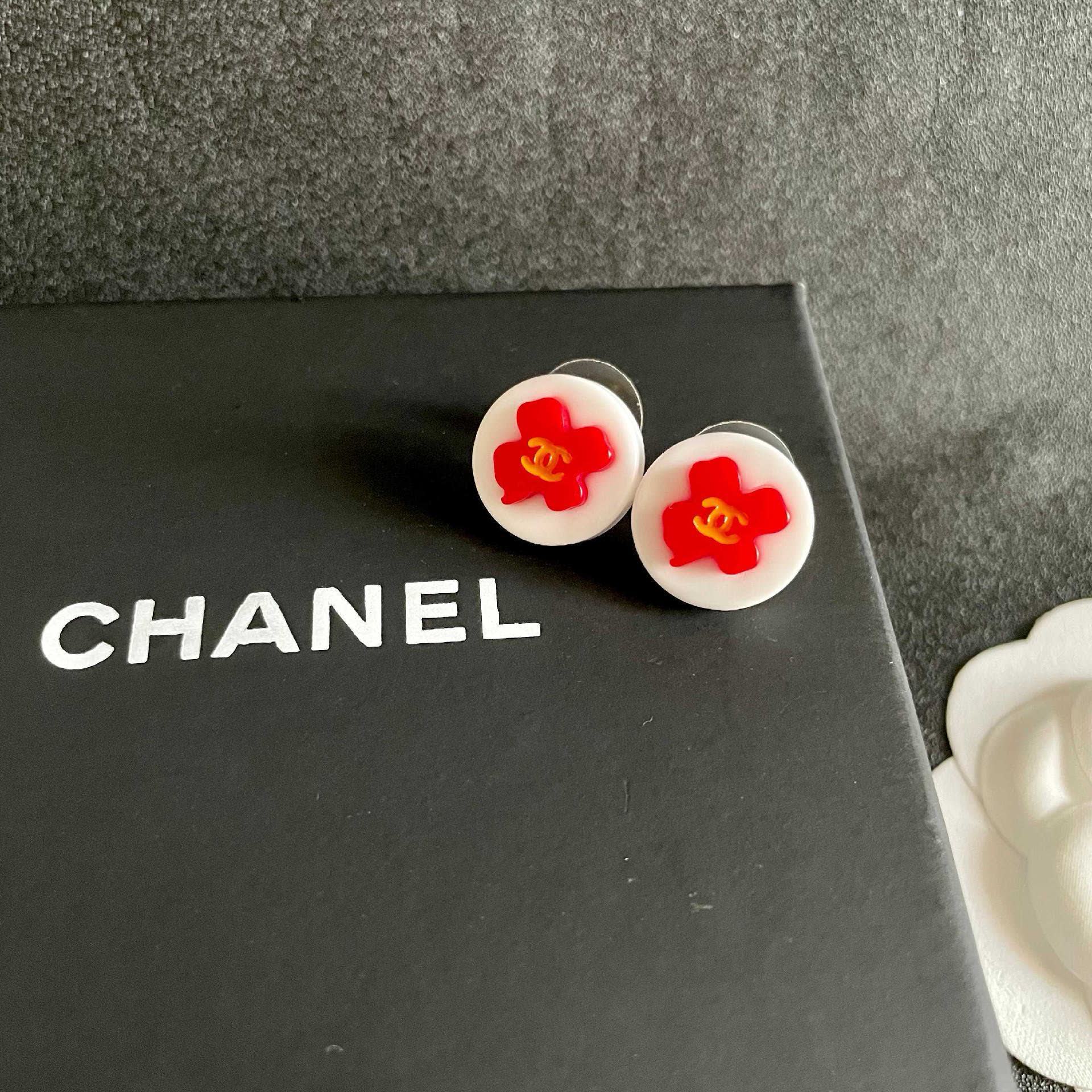 Chanel Red Camellia Stud Earrings
