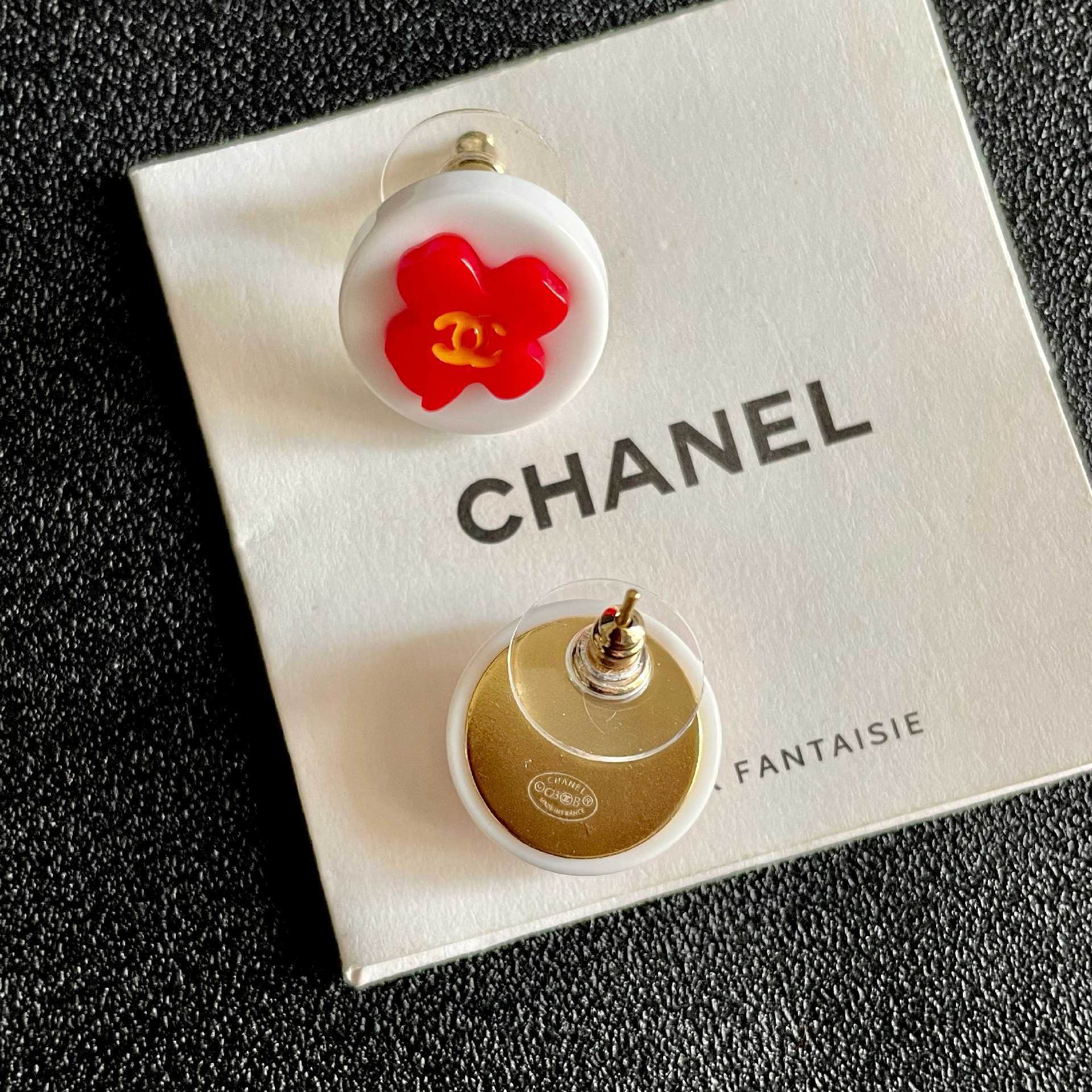 Chanel Red Camellia Stud Earrings