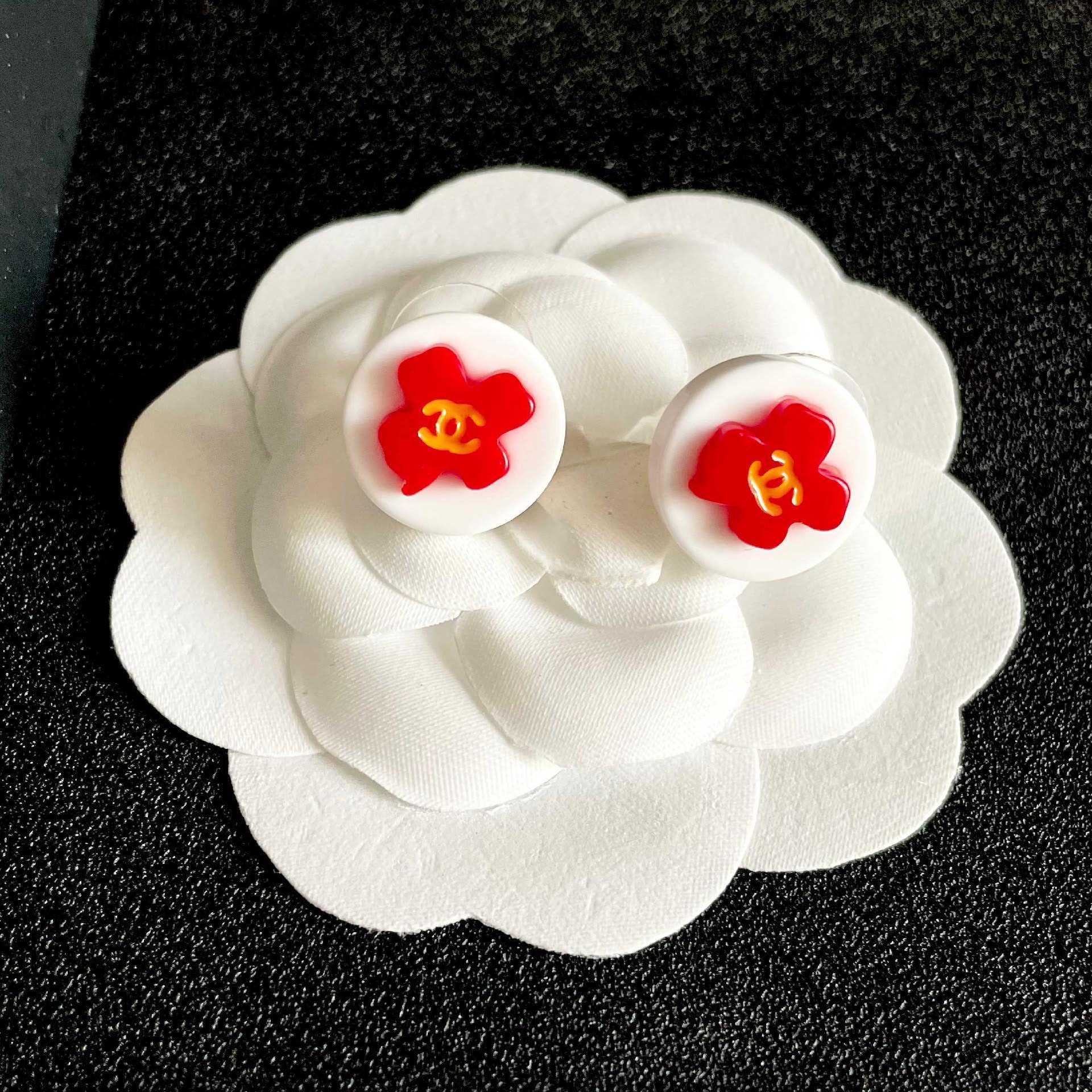 Chanel Red Camellia Stud Earrings