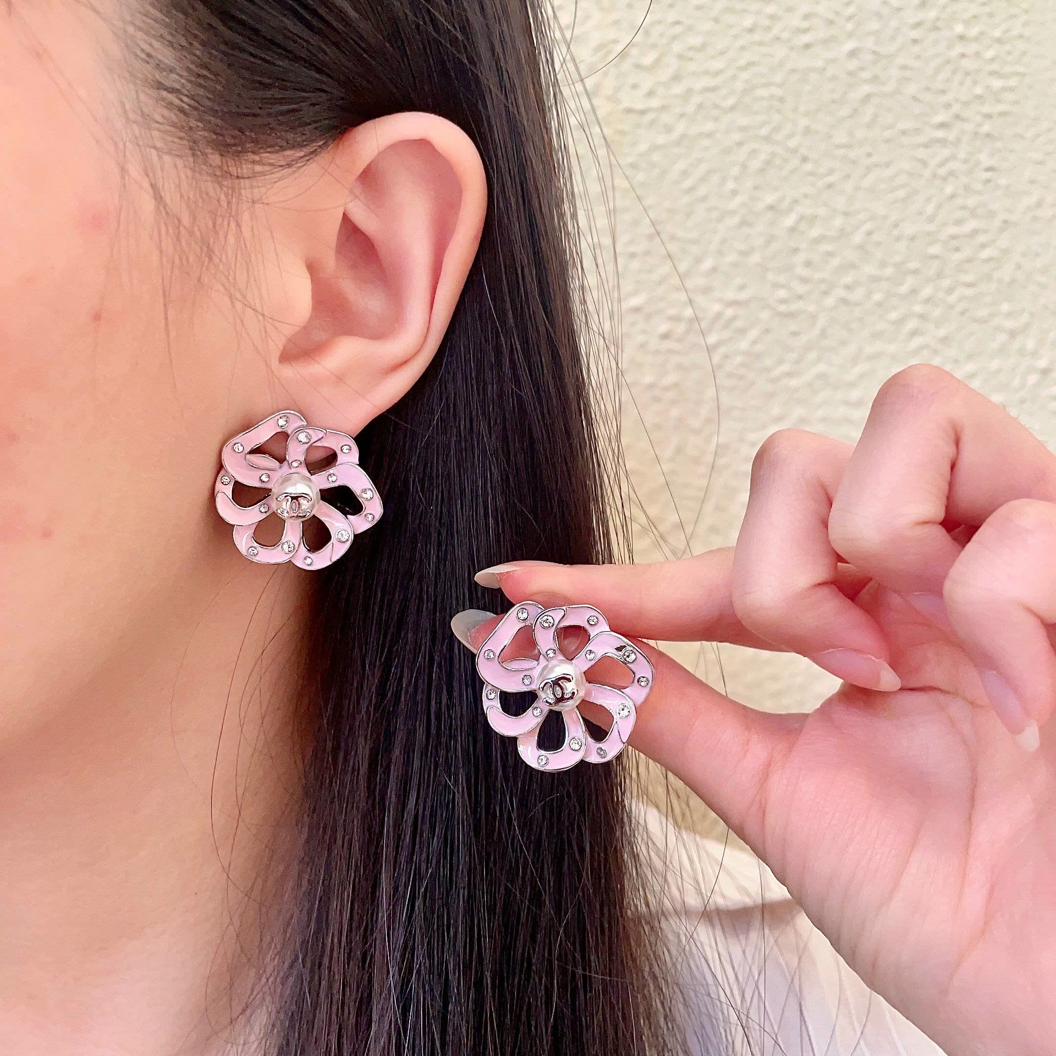 Chanel Pink Camellia Stud Earrings Chanel Pink Camellia Stud Earrings
