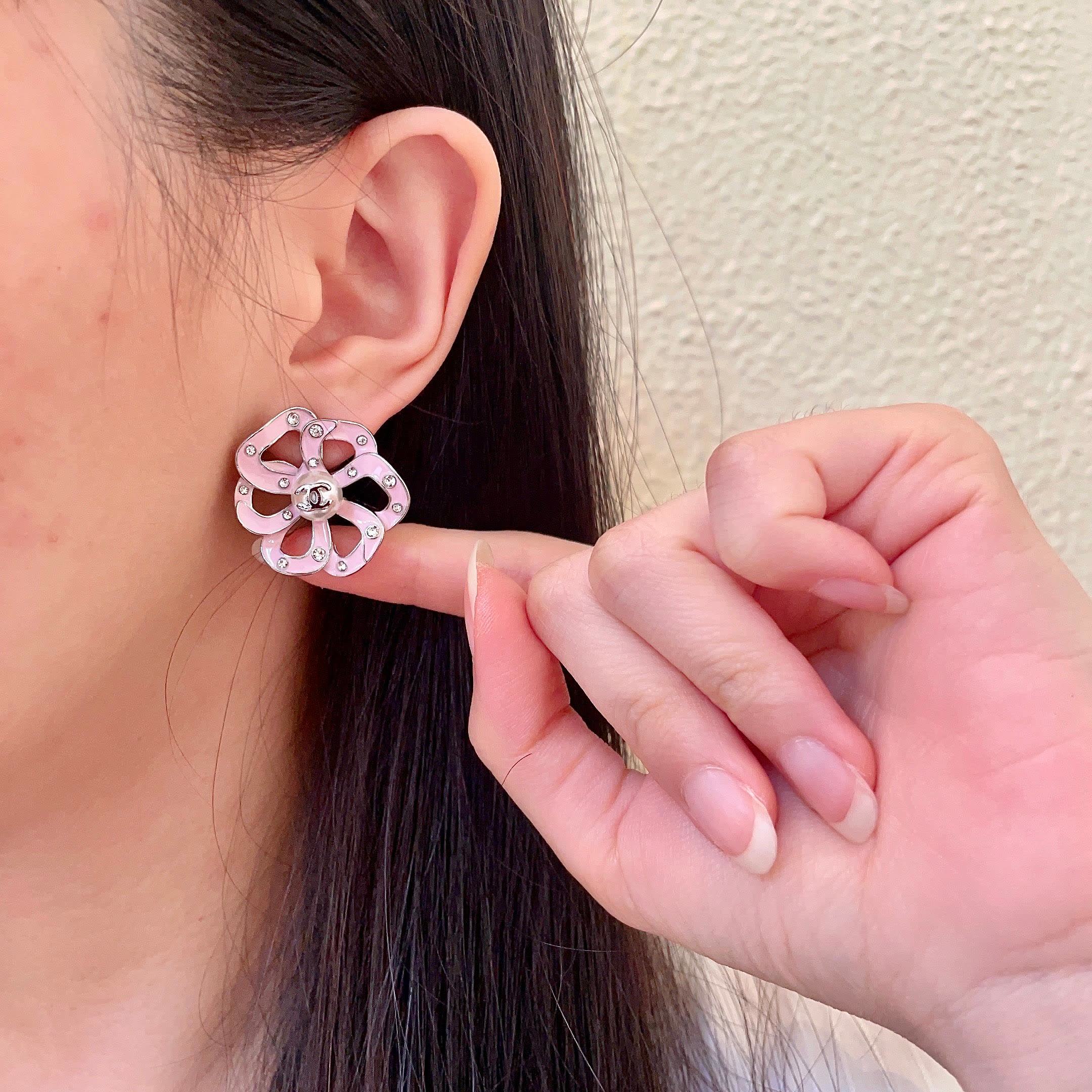 Chanel Pink Camellia Stud Earrings