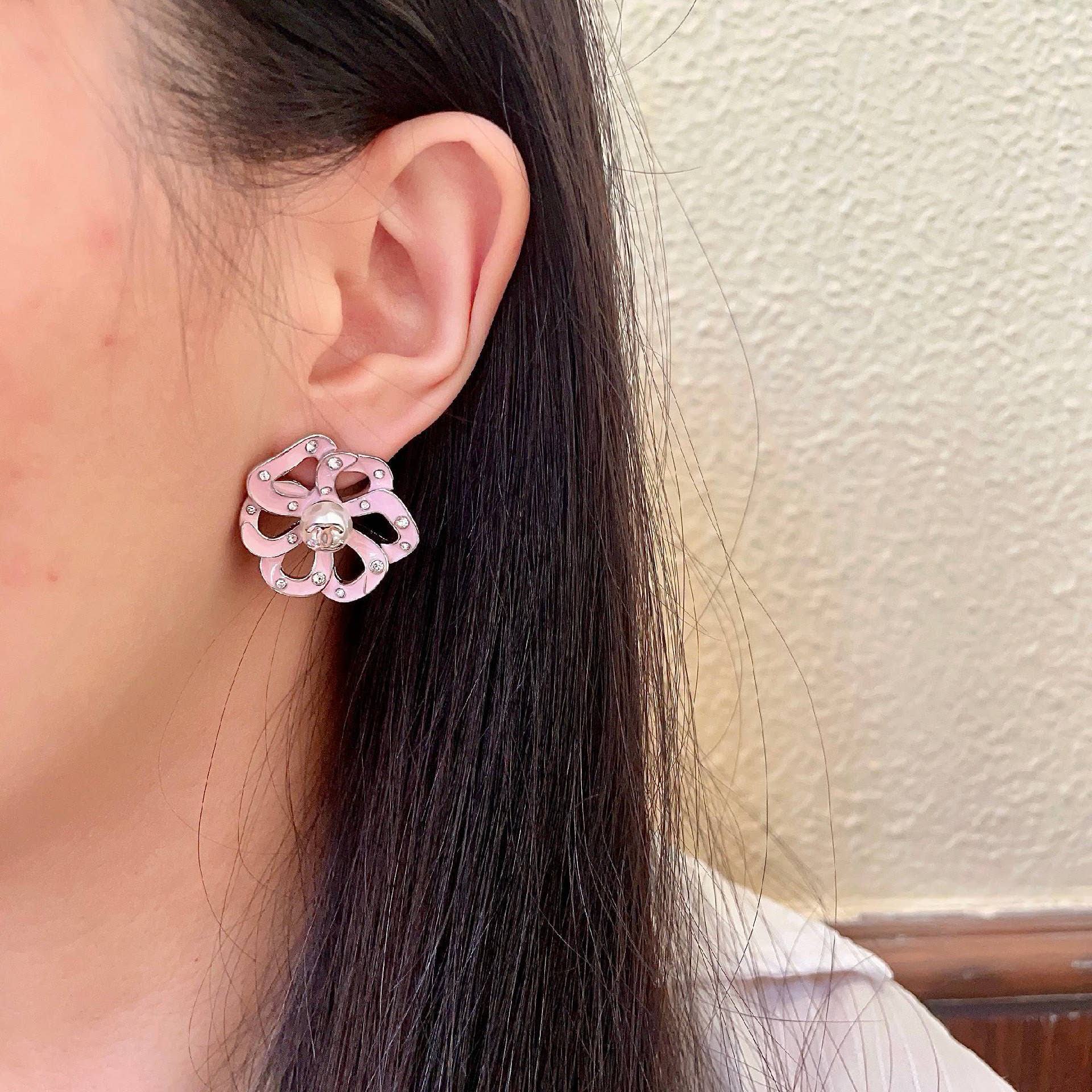 Chanel Pink Camellia Stud Earrings
