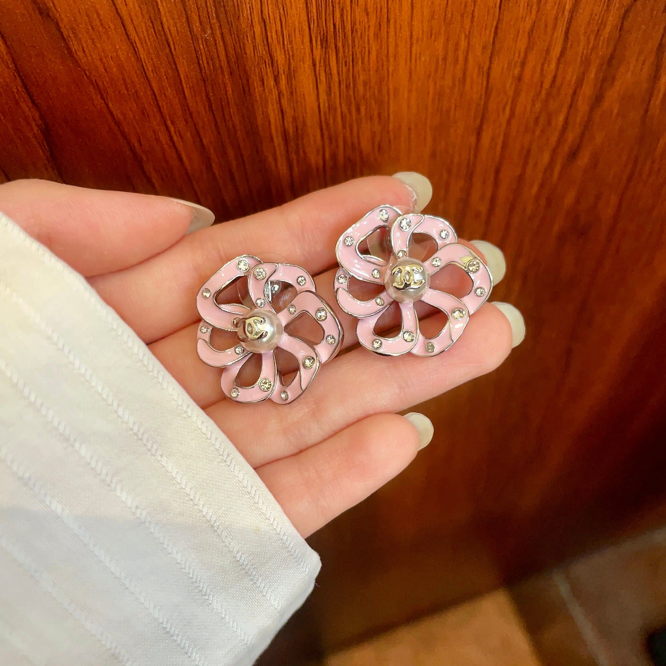 Chanel Pink Camellia Stud Earrings